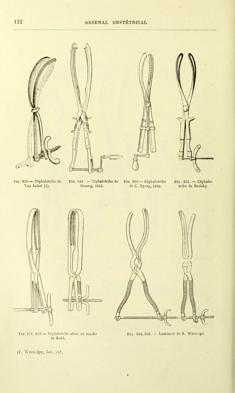 Fig. 848.— Céphalotribc de Van Aubel (1). Fig. 849. — Cdphalotribe de Fig. 850.— Céphalotribe llennig, 1865. de C. Nyrop, 1866. Fig. 851. — Céphalo- tribe de Breisky. Fig. SIS, S53.— Céphalotribe droit et courbe de lüdd. FIG. 854, S55. - Lamineur de A. TVassoigc.