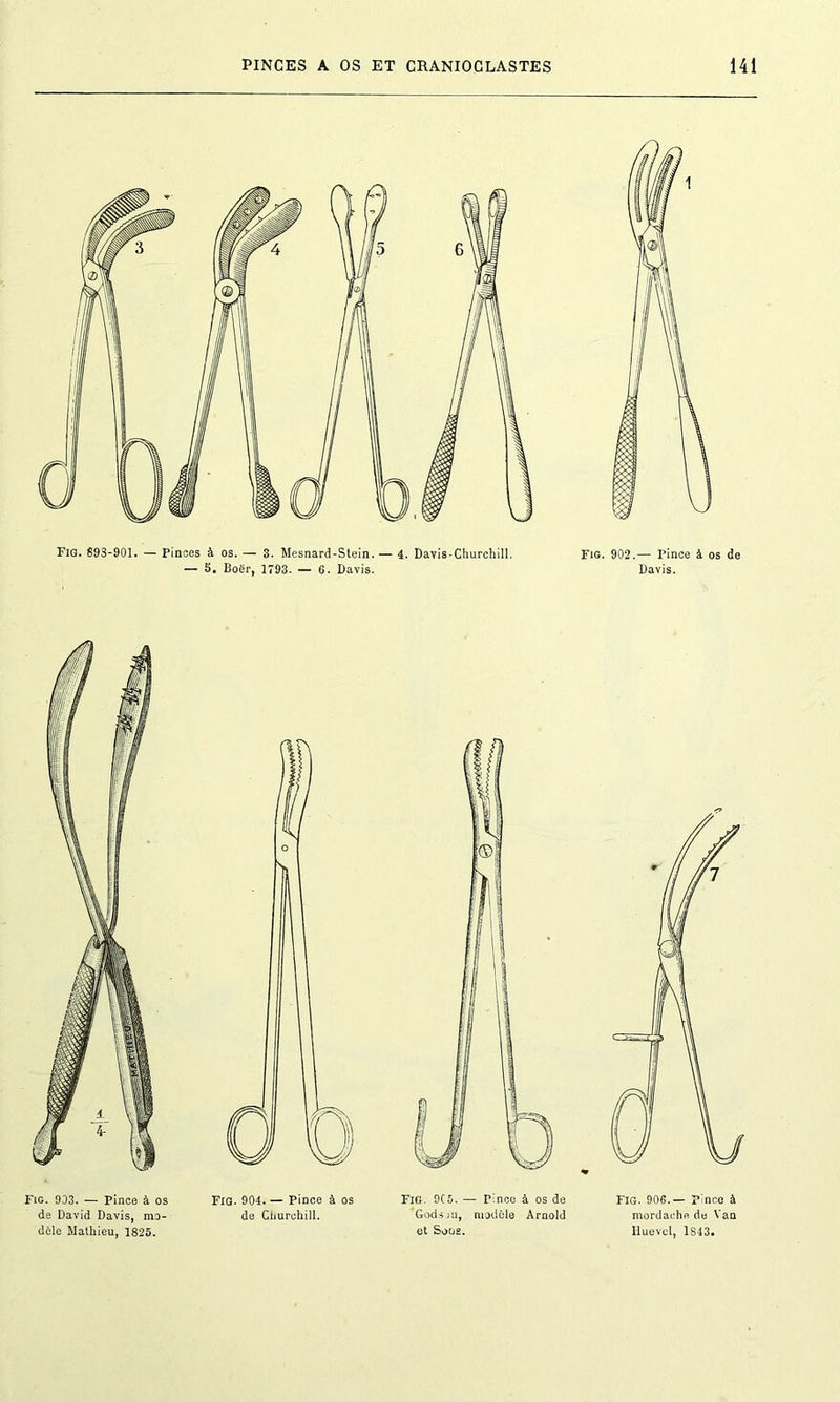 Fig. 893-901. — Pinces à os. — 3. Mesnard-Stein. — 4. Davis-Churchill. — 5. Boër, 1793. — G. Davis. Fig. 902.— Pince à os de Davis. Fig. 903. — Pince à os de David Davis, mo- dèle Mathieu, 1825. Fig. 904. — Pince à os de Churchill. Fig. 9C5. — Pince à os de Godsou, modèle Arnold et Sous. Fig. 906. — Pince à mordaehfl de Van lluevcl, 1843.