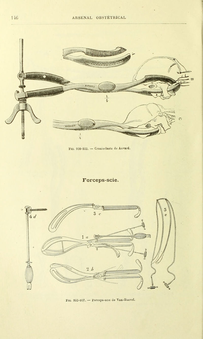 Fia. 930-532. — Cranioclaste de Auvard. Forceps-scie. Fig. 933-937. — Forceps-scie de Van-Huevel.