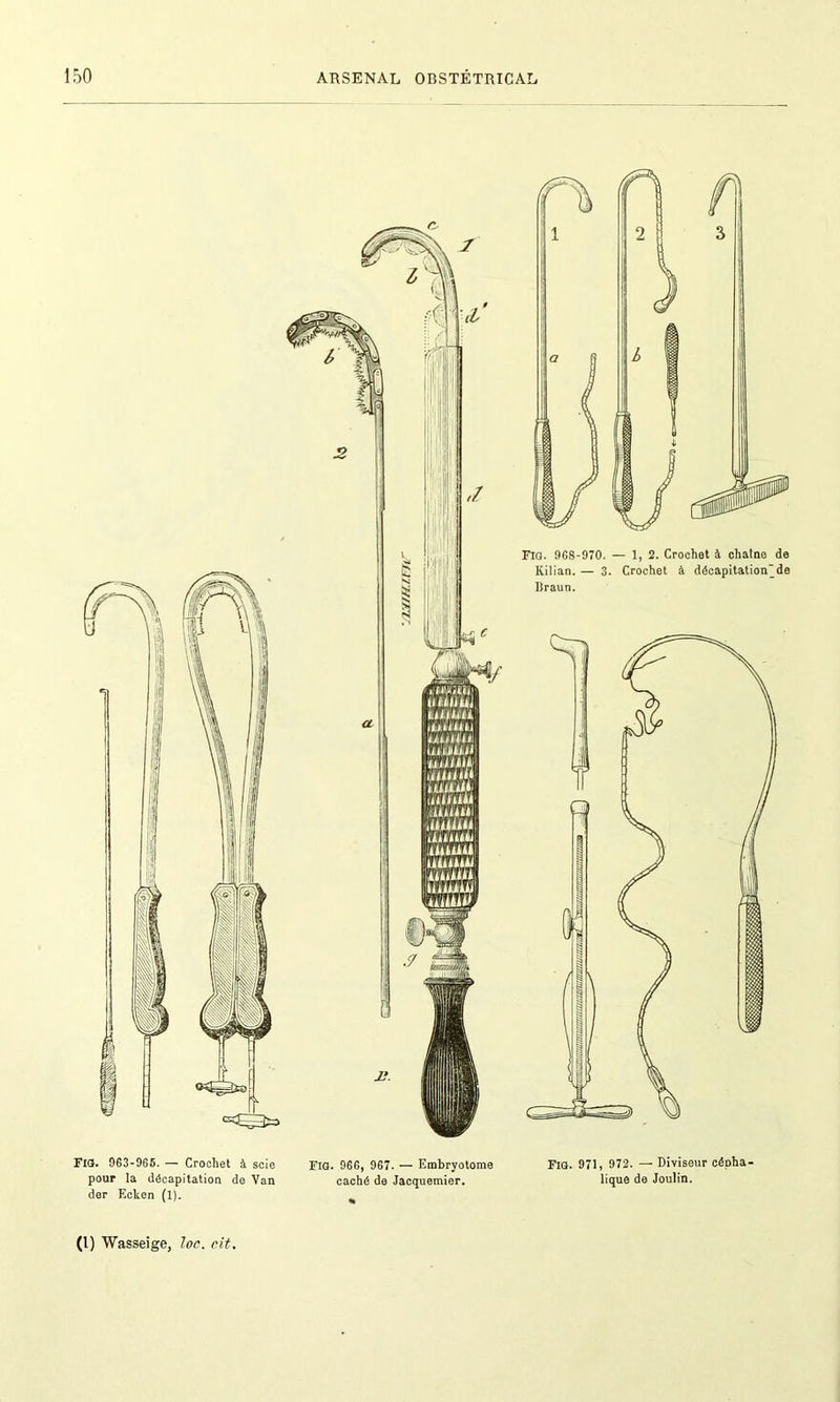 Fig. 963-965. — Crochet à scie pour la décapitation de Van der Ecken (1). Fig. 966, 967- — Embryotome caché do Jacquemier. Fig. 971, 972. — Diviseur cépha- lique de Joulin.