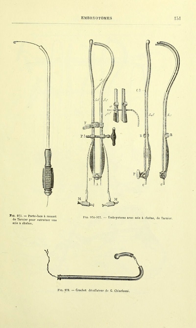 O Fig. 973. — Porte-lacs à ressort de Tarnier pour entraîner une soie à chaîne. Ftg. 974-977. — Embryotome avec scie à chaîne, de Tarnier. Fig. 978. — Crochet décollateur de G. Chiarleoni.