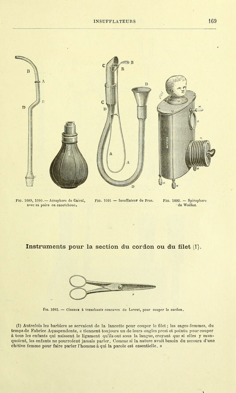 Fig. 1089, 1090.— Aérophore de Gaira'., avec sa poire en caoutchouc. FIG. 1091 — Insufflateur de Pros. FIG. 1092. — Spirophoro de Woillez. Instruments pour la section du cordon ou du filet (1). Fig. 1093. — Ciseaui à tranchants concaves de Levret, pour couper le cordon. (1) Autrefois les barbiers se servaient cle la lancette pour couper le filet ; les sages-femmes, du temps de Fabrice Aquapendente, « tiennent toujours un de leurs ongles prest et pointu pour couper à tous les enfants qui naissent le ligament qu’ils ont sous la langue, croyant que si elles y man- quoient, les enfants ne pourroient jamais parler. Comme si la nature avait besoin du secours d’une chétive femme pour faire parler l’homme à qui la parole est essentielle. »