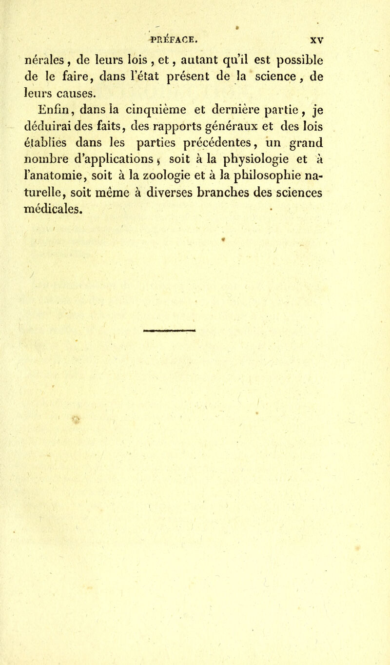 nérales, de leurs lois , et, autant qu’il est possible de le faire, dans l’état présent de la science, de leurs causes. Enfin, dans la cinquième et dernière partie, je déduirai des faits, des rapports généraux et des lois établies dans les parties précédentes, iin grand nombre d’applications ^ soit à la physiologie et à l’anatomie, soit à la zoologie et à la philosophie na- turelle, soit même à diverses branches des sciences médicales. / ' J