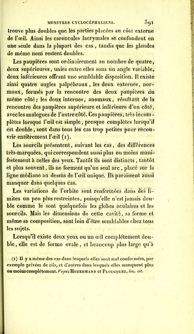 trouve plus doubles que les parties placées au côté externe de l’œil. Ainsi les caroncules lacrymales se confondent en une seule dans la plupart des cas , tandis que les glandes de même noni restent doubles. Les paupières sont ordinairement au nombre de quatre, deux supérieures, Unies entre elles sous un angle variable, deux inférieures offrant une semblable disposition. Il existe ainsi quatre angles palpébraux, les deux externes, nor- maux, formés par la rencontre des deux paupières du même côté; les deux internes, anomaux, résultant de la rencontre des paupières supérieure et inférieure d’ùn côté, âvecles analogues de l’autre côté. Ces paupières, très-incom- plètes lorsque Tœil est simple, presque complètes lorsqu’il est double, sont dans tous les cas trop petites pour recou- vrir entièrement l’œil ( i ). Les sourcils présentent, suivant les cas, des différences très-marquées, qui correspondent aussi plus ou moins mani- festement à celles des yeux. Tantôt ils sont distincts, tantôt et plus souvent, ils ne forment qu’un seul arc, placé sur la ligne médiane au dessus de l’œil unique. Ils paraissènt aussi manquer dans quelques cas. Les variations de l’orbite sont renfermées dans des ii- mites un peu plus restreintes, puisqu’elle n’est jamais dou- ble comme le sont quelquefois les globes oculaires et les sourcils. Mais les dimensions de cette cavité, sa forme et même sa composition, sont loin d’être semblables chez tous les sujets. Lorsqu’il existe deux yeux ou un œil complètement dou- ble , elle est de forme ovale, et beaucoup plus large qu’à (i) Il y a même des cas dans lesquels elles sont mal conformées, par exemple privées de cils, et d’autres dans lesquels elles manquent plus ôtt moins complètement, r k et Ploucquet, loc. oit.