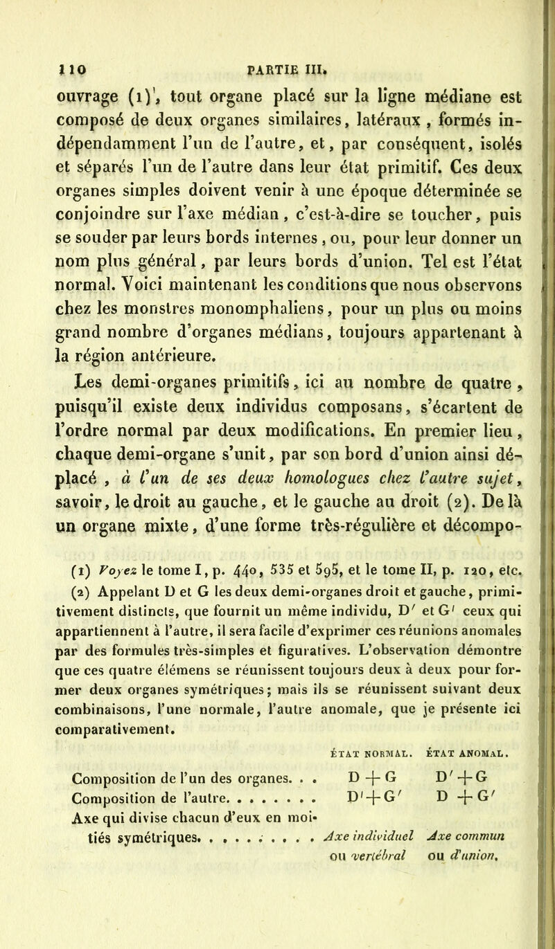ouvrage (i)’, tout organe placé sur la ligne médiane est : composé de deux organes similaires, latéraux , formés in- dépendamment l’un de l’autre, et, par conséquent, isolés et séparés l’un de l’autre dans leur état primitif. Ces deux organes simples doivent venir à une époque déterminée se conjoindre sur l’axe médian , c’est-à-dire se toucher, puis i se souder par leurs bords internes , ou, pour leur donner un nom plus général, par leurs bords d’union. Tel est l’état i normal. Voici maintenant les conditions que nous observons j chez les monstres raonomphaliens, pour un plus ou moins î grand nombre d’organes médians, toujours appartenant à la région antérieure. Les demi-organes primitifs, ici au nombre de quatre, puisqu’il existe deux individus composans, s’écartent de l’ordre normal par deux modifications. En premier lieu, chaque demi-organe s’unit, par son bord d’union ainsi dé- ‘ placé , à Cun de ses deux homologues chez Cautre sujet, savoir, le droit au gauche, et le gauche au droit (2). Delà | un organe mixte, d’une forme très-régulière et décompo- i (1) le tome I, p. 44», 535 et 5g5, et le tome II, p. 120, etc. | (2) Appelant ü et G les deux demi-organes droit et gauche, primi- i tivement distincts, que fournit un même individu, D' et G' ceux qui i appartiennent à l’autre, il sera facile d’exprimer ces réunions anomales | par des formules très-simples et figuratives. L’observation démontre | que ces quatre élémens se réunissent toujours deux à deux pour for- * mer deux organes symétriques; mais ils se réunissent suivant deux ï combinaisons, l’une normale, l’autre anomale, que je présente ici i comparativement. ÉTAT NORMAL. ETAT ANOMAL. ' Composition de l’un des organes. . . D-|-G D'-j-G Composition de l’autre D'-j-G' D-}-'G' ^ Axe qui divise chacun d’eux en moi- ! tiés symétriques . Axe individuel Axe commun ,, ou 'vertébral ou d'union, i