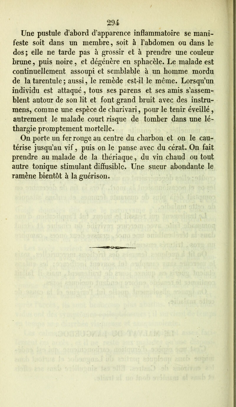 Une pustule d’abord d’apparence inflammatoire se mani- feste soit dans un membre, soit à l’abdomen ou dans le dos; elle ne tarde pas à grossir et à prendre une couleur brune, puis noire, et dégénère en sphacèle. Le malade est continuellement assoupi et semblable à un homme mordu de la tarentule; aussi, le remède est-il le même. Lorsqu’un individu est attaqué , tous ses parens et ses amis s’assem- blent autour de son lit et font grand bruit avec des instru- mens, comme une espèce de charivari, pour le tenir éveillé, autrement le malade court risque de tomber dans une lé- thargie promptement mortelle. On porte un fer rouge au centre du charbon et on le cau- térise jusqu’au vif, puis on le panse avec du cérat. On fait prendre au malade de la thériaque, du vin chaud ou tout autre tonique stimulant diffusible. Une sueur abondante le ramène bientôt à la guérison.
