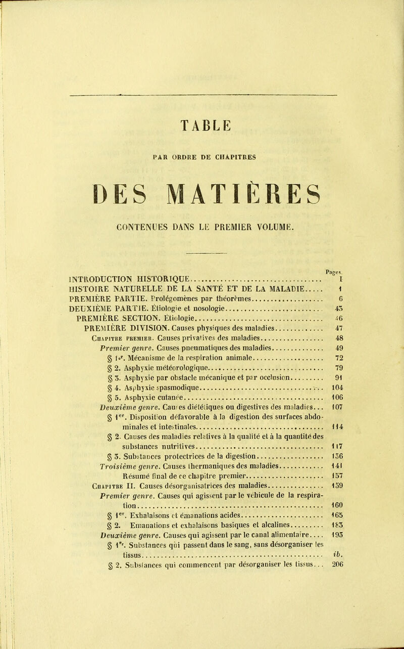 TABLE PAR ORDRE DE CHAPITRES DES MATIÈRES CONTENUES DANS LE PREMIER VOLUME. P.iges. INTRODUCTION HISTORIQUE 1 HISTOIRE NATURELLE DE LA SANTÉ ET DE LA MALADIE 1 PREMIÈRE PARTIE. Prolégomènes par théorfrues 6 DEUXIÈME PARTIE. Étiologie et nosologie 43 PREMIÈRE SECTION. Étiologie 46 PREMIÈRE DIVISION. Causes physiques des maladies 47 Chapitre premier. Causes privatives des maladies 48 Premier genre. Causes pneumatiques des maladies 49 § Mécanisme de la respiration animale 72 § 2. Asphyxie météorologique 79 § 3. Asphyxie par obstacle mécanique et par occlusion 91 § 4. Asfihyxie spasraodique 104 § 5. Asphyxie cutanée 106 Deuxième genre. Cau.'es diéléliques ou digestives des maladies... 107 § i. Disposition défavorable à la digestion des surfaces abdo- minales et intestinales 114 § 2. Causes des maladies relatives à la qualité et à la quantité des substances nutritives 117 § 3. Subitauces protectrices de la digestion 136 Troisième genre. Causes Ihermaniques des maladies 141 Résumé final de te chapitre premier 157 Chapitre II. Causes désorganisatrices des maladies 159 Premier genre. Causes qui agissent par le véhicule de la respira- lion 160 § i. Exhalaisons et émanations acides 165 § 2. Emanations et exhalaisons basiques et alcalines 183 Deuxième genre. Causes qui agissent par le canal alimentaire 193 § 1*'. Substances qui passent dans le sang, sans désorganiser les tissus ib. § 2. Subslances qui commencent par désorganiser les tissus... 206