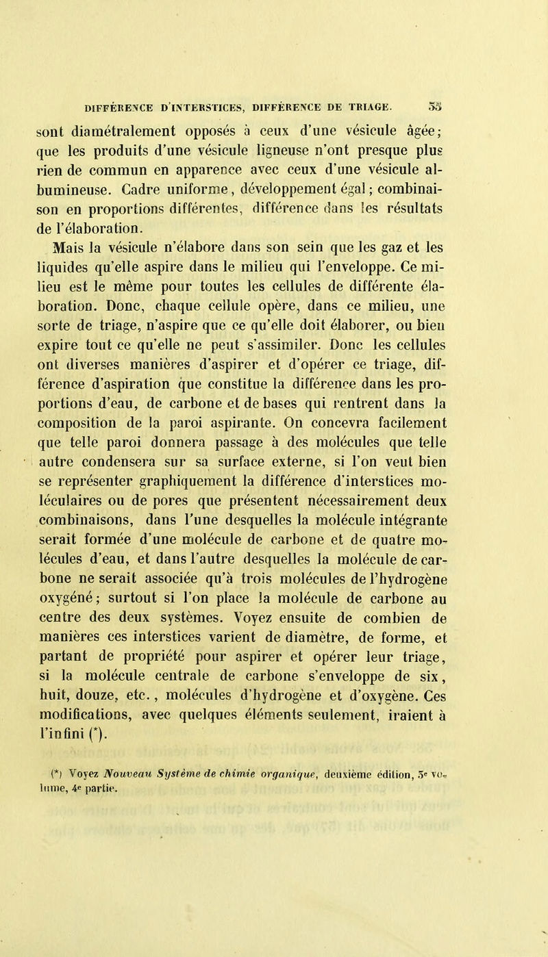 DIFFÉRENCE D INTERSÏICES, DIFFÉREIVCE DE TRIAGE. 53 sont diamétralement opposés à ceux d'une vésicule âgée; que les produits d'une vésicule ligneuse n'ont presque plus rien de commun en appareoce avec ceux d'une vésicule al- bumineuse. Cadre uniforme, développement égal ; combinai- son en proportions différentes, différence dans les résultats de l'élaboration. Mais la vésicule n'élabore dans son sein que les gaz et les liquides qu'elle aspire dans le milieu qui l'enveloppe. Ce mi- lieu est le même pour toutes les cellules de différente éla- boration. Donc, chaque cellule opère, dans ce milieu, une sorte de triage, n'aspire que ce qu'elle doit élaborer, ou bien expire tout ce qu'elle ne peut s'assimiler. Donc les cellules ont diverses manières d'aspirer et d'opérer ce triage, dif- férence d'aspiration que constitue la différence dans les pro- portions d'eau, de carbone et de bases qui rentrent dans la composition de la paroi aspirante. On concevra facilement que telle paroi donnera passage à des molécules que telle autre condensera sur sa surface externe, si l'on veut bien se représenter graphiquement la différence d'interstices mo- léculaires ou de pores que présentent nécessairement deux combinaisons, dans l'une desquelles la molécule intégrante serait formée d'une molécule de carbone et de quatre mo- lécules d'eau, et dans l'autre desquelles la molécule de car- bone ne serait associée qu'à trois molécules de l'hydrogène oxygéné; surtout si l'on place la molécule de carbone au centre des deux systèmes. Voyez ensuite de combien de manières ces interstices varient de diamètre, de forme, et partant de propriété pour aspirer et opérer leur triage, si la molécule centrale de carbone s'enveloppe de six, huit, douze, etc., molécules d'hydrogène et d'oxygène. Ces modifications, avec quelques éléments seulement, iraient à l'infini (*). (*) Voyez Nouveau Système de chimie organique, deuxième édition, 5= vo- lume, 4^ partie.