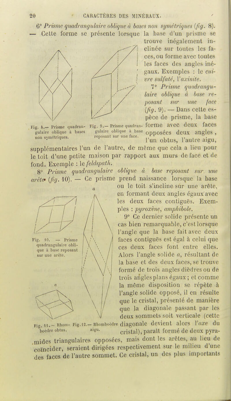 6° Prisme quadrangulaire oblique à bases non symétriques (fig. 8). — Celle forme se présente lorsque la base d'un prisme se trouve inégalement in- clinée sur toutes les fa- ces, ou forme avec toutes les faces des angles iné- gaux. Exemples : le cui- vre sulfaté, Vaxinite. 7° Prisme quadrangu- laire oblique à base re- posant sur une face {fig. 9). — Dans cette es- pèce de prisme, la base Fig. 9.-Prisme quadran- forme avec deUX faces gulaire oblique à base opposées dCUX angles , reposant sur une face. 11 . l'un obtus, 1 autre aigu, Fig. 8.— Prisme quadran- gulaire oblique à bases non symétriques. supplémentaires l'un de l'autre, de même que cela a lieu pour le toit d'une petite maison par rapport aux murs de face et de fond. Exemple : le feldspath. g0 prisme quadrangulaire oblique à base reposant sur une arête» {fig. 10). — Ce prisme prend naissance lorsque la base a ou le toit s'incline sur une arête, en formant deux angles égaux'avec les deux faces contiguës. Exem- ples : pyroxène, amphibole. 9° Ce dernier solide présente un cas bien remarquable, c'est lorsque l'angle que la base fait avec deux faces contiguës est égal à celui que ces deux faces font entre elles. Alors l'angle solide a, résultant de la base et des deux faces, se trouve formé de trois angles dièdres ou de. trois angles plans égaux ; et comme la même disposition se répète à l'angle solide opposé, il en résulte \ \ I que le cristal, présenté de manière que la diagonale passant par les deux sommets soit verticale (cette Kg. 12.-Rhomboèdre diagonale devient alors Vaxe du a'su' cristal), paraît formé de deux pyra- mides triangulaires opposées, mais dont les arêtes, au lieu de coïncider, seraient dirigées respectivement sur le milieu d'une des faces de l'autre sommet. Ce cristal, un des plus importants Fig. 10. — Prisme quadrangulaire obli- que à base reposant sur une arête. Fig. 11.— Rhom- boèdre obtus.