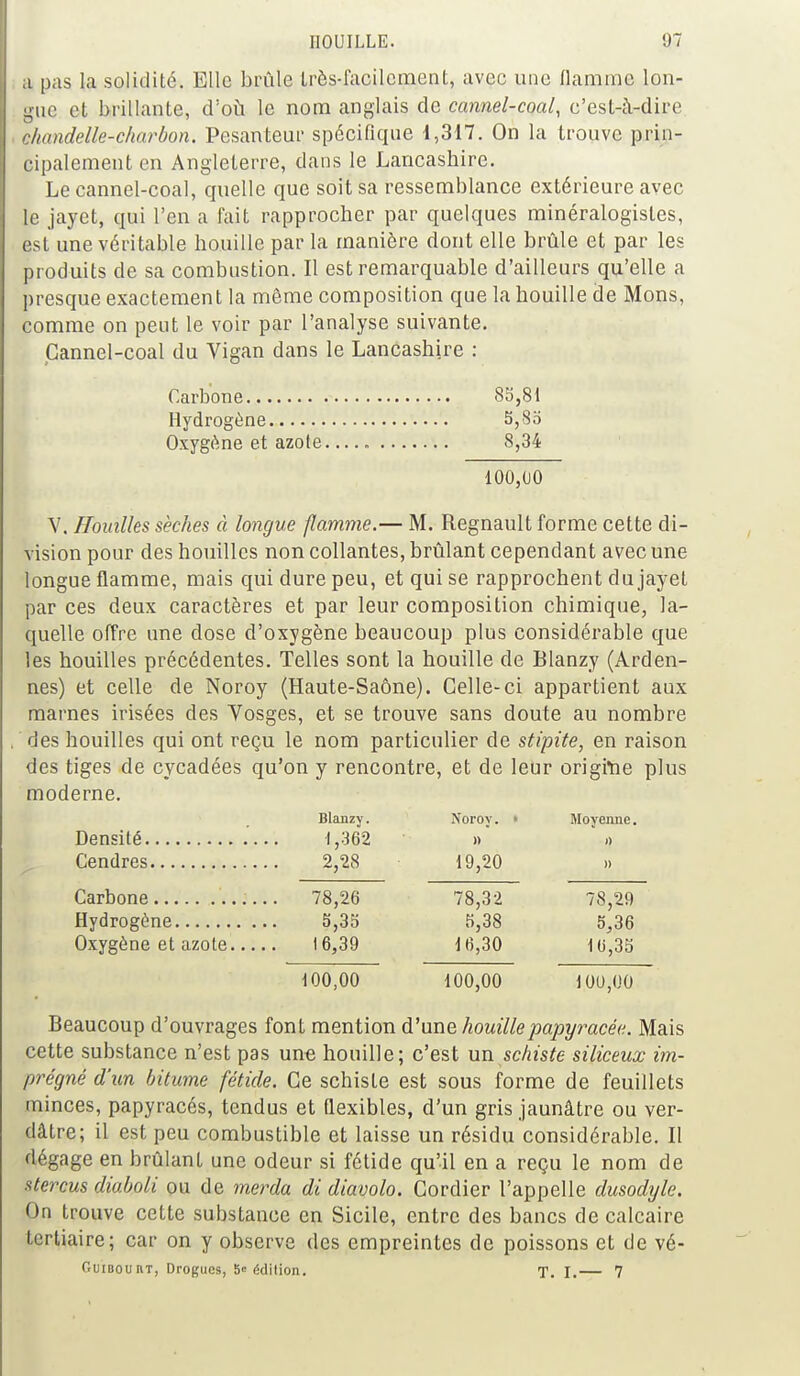 ;i pas la solidité. Elle brûle très-facilement, avec une flamme lon- gue et brillante, d!où le nom anglais de cannel-coal, c'est-à-dire chandelle-charbon. Pesanteur spécifique 1,317. On la trouve prin- cipalement en Angleterre, dans le Lancashire. Le cannel-coal, quelle que soit sa ressemblance extérieure avec le jayet, qui l'en a fait rapprocher par quelques minéralogistes, est une véritable houille par la manière dont elle brûle et par les produits de sa combustion. Il est remarquable d'ailleurs qu'elle a presque exactement la même composition que la houille de Mons, comme on peut le voir par l'analyse suivante. Cannel-coal du Vigan dans le Lancashire : Carbone 85,81 Hydrogène 5,85 Oxygène et azole 8,34 100,00 V. Houilles sèches à longue flamme.— M. Regnault forme cette di- vision pour des houilles non collantes, brûlant cependant avec une longue flamme, mais qui dure peu, et qui se rapprochent du jayet par ces deux caractères et par leur composition chimique, la- quelle offre une dose d'oxygène beaucoup plus considérable que les houilles précédentes. Telles sont la houille de Blanzy (Arden- nes) et celle de Noroy (Haute-Saône). Celle-ci appartient aux marnes irisées des Vosges, et se trouve sans doute au nombre des houilles qui ont reçu le nom particulier de stipite, en raison des tiges de cycadées qu'on y rencontre, et de leur origine plus moderne. Blanzy. Noroy. • Moyenne. 1,362 » 1) 2,28 19,20 » 78,26 78,32 78,29 5,35 5,38 5,36 Oxygène et azote... 1 6,39 16,30 16,35 100,00 100,00 100,00 Beaucoup d'ouvrages font mention d'une houille papyracée. Mais cette substance n'est pas une houille; c'est un schiste siliceux im- prégné d'un bitume fétide. Ce schiste est sous forme de feuillets minces, papyracés, tendus et flexibles, d'un gris jaunâtre ou ver- dàtre; il est peu combustible et laisse un résidu considérable. Il dégage en brûlant une odeur si fétide qu'il en a reçu le nom de stercus diaboli ou de merda di diavolo. Cordier l'appelle dusodyle. On trouve cette substance en Sicile, entre des bancs de calcaire tertiaire; car on y observe des empreintes de poissons et de vé- OuiBounT, Drogues, 5'édition. X. I.— 7