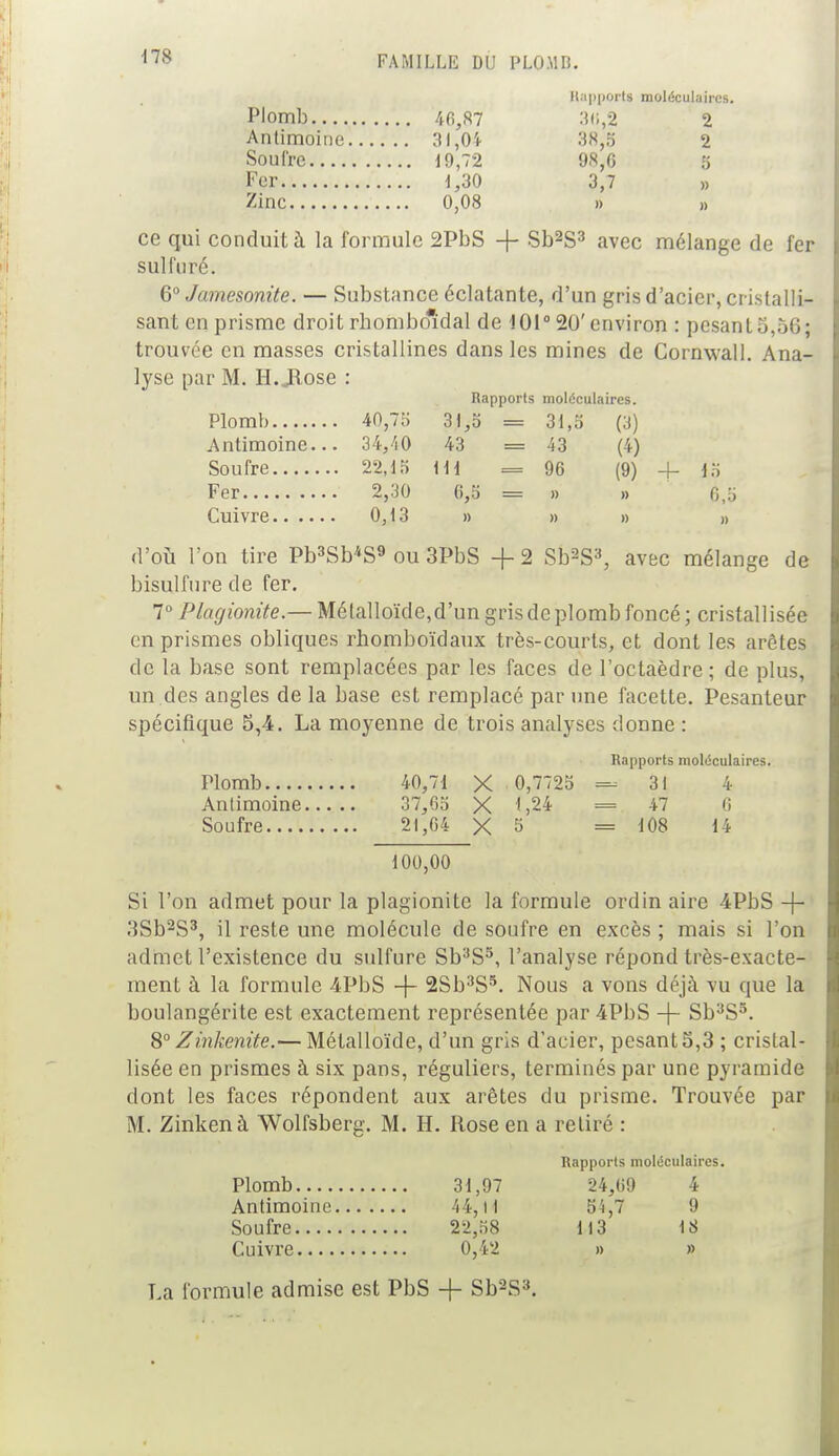 Rapport* moléculaires. Plomb 46,87 3U.2 2 Antimoine 31,04 38,5 2 Soufre 19,72 98,0 5 Fer 1,30 3,7 » Zinc 0,08 » » ce qui conduit à la formule 2PbS -f- Sb2S3 avec mélange de fer sulfuré. 6° Jamesonùe. — Substance éclatante, d'un gris d'acier, cristalli- sant en prisme droit rhombo*idal de 101° 20'environ : pesants,56; trouvée en masses cristallines dans les mines de Cornwall. Ana- lyse par M. H. Jlose : Rapports moléculaires. Plomb 40,7b' 31,5 = 31,5 (3) Antimoine... 34,40 43 = 43 (4) Soufre 22,15 111 =96 (9) 4- 15 Fer 2,30 6,5 = » » 6,b Cuivre 0,13 » » » » d'où l'on tire Pb3SMS9 ou 3PbS +2 Sb2S3, avec mélange de bisulfure de fer. 7° Plagionite.— Métalloïde,d'un gris de plomb foncé ; cristallisée en prismes obliques rhomboïdaux très-courts, et dont les arêtes de la base sont remplacées par les faces de l'octaèdre; de plus, un des angles de la base est remplacé par une facette. Pesanteur spécifique 5,4. La moyenne de trois analyses donne : Rapports moléculaires. Plomb 40,71 X 0,7725 =31 4 Antimoine 37,65 X 1,24 = 47 6 Soufre 21,64 X 5 = 108 14 100,00 Si l'on admet pour la plagionite la formule ordin aire 4PbS -f- 3Sb2S3, il reste une molécule de soufre en excès ; mais si l'on admet l'existence du sulfure Sb3S5, l'analyse répond très-exacte- ment à la formule 4PbS -f- 2Sb3S5. Nous a vons déjà vu que la boulangérite est exactement représentée par 4PbS -f- Sb3S3. 8° Zinkenite.— Métalloïde, d'un gris d'acier, pesant 5,3 ; cristal- lisée en prismes à six pans, réguliers, terminés par une pyramide dont les faces répondent aux arêtes du prisme. Trouvée par M. Zinkenà Wolfsberg. M. H. Rose en a retiré : Rapports moléculaires. Plomb 31,97 24,69 4 Antimoine 44,11 54,7 9 Soufre 22,58 113 18 Cuivre 0,42 » » La formule admise est PbS -f Sb2S3.
