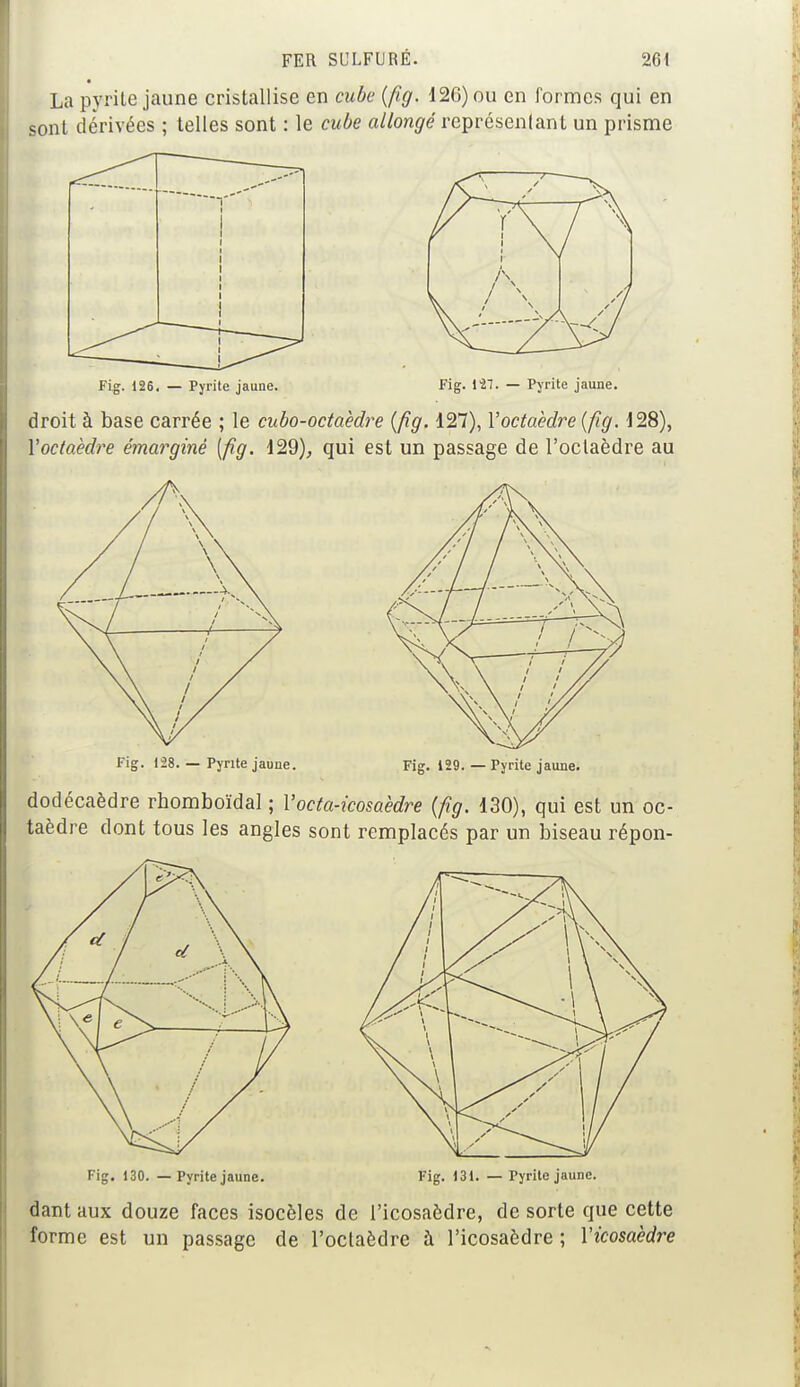 La pyrite jaune cristallise en cube (fig. 126) ou en formes qui en sont dérivées ; telles sont : le cube allongé représentant un prisme Fig. 126. — Pyrite jaune. Fig. 127. — Pyrite jaune. droit à base carrée ; le cubo-octaèdre {fig. 127), Y octaèdre {fig. 128), Y octaèdre émarginê [fig. 129), qui est un passage de l'octaèdre au Fig. 128. — Pyrite jaune. Fig. 129. — Pyrite jaune. dodécaèdre rhomboïdal ; Yocta-icosaèdre {fig. 130), qui est un oc- taèdre dont tous les angles sont remplacés par un biseau répon- Fig. 130. — Pyrite jaune. Fig. 131. — Pyrite jaune. dant aux douze faces isocèles de l'icosaèdre, de sorte que cette forme est un passage de l'octaèdre à l'icosaèdre ; Yicosaèdre