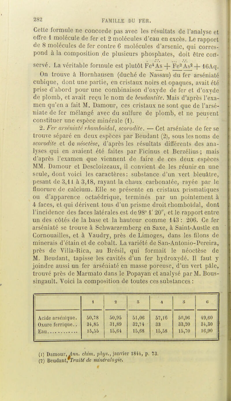 Cette formule ne concorde pas avec les résultats de l'analyse et offre 1 molécule de fer et 2 molécules d'eau en excès. Le rapport de 8 molécules de fer contre 6 molécules d'arsenic, qui corres- pond à la composition de plusieurs phosphates, doit être con- servé. La véritable formule est plutôt Fe* As -f- Fe2 As2 -f 16Aq. On trouve à Hornhausen (duché de Nassau) du fer arséniaté cubique, dont une partie, en cristaux noirs et opaques, avait été prise d'abord pour une combinaison d'oxyde de fer et d'oxyde de plomb, et avait reçu le nom de beudantite. Mais d'après l'exa- men qu'en a fait M. Damour. ces cristaux ne sont que de l'arsé- niate de fer mélangé avec du sulfure de plomb, et ne peuvent constituer une espèce minérale (1). 2. Fer arséniaté rhomboïdal, scorodite. — Cet arséniaté de fer se trouve séparé en deux espèces par Beudant (2), sous les noms de scorodite et de néoctèse, d'après les résultats différents des ana- lyses qui en avaient été faites par Ficinus et Berzélius ; mais d'après l'examen que viennent de faire de ces deux espèces MM. Damour et Descloizeaux, il convient de les réunir en une seule, dont voici les caractères: substance d'un vert bleuâtre, pesant de 3,11 à 3,18, rayant la chaux carbonatée, rayée par le fluorure de calcium. Elle se présente en cristaux prismatiques ou d'apparence octaédrique, terminés par un pointement à 4 faces, et qui dérivent tous d'un prisme droit rhomboïdal, dont l'incidence des faces latérales est de 98° 1' 20, et le rapport entre un des côtés de la base et la hauteur comme 143 : 206. Ce fer arséniaté se trouve à Schwarzemberg en Saxe, à Saint-Austle en Cornouailles, et à Vaudry, près de Limoges, dans les filons de minerais d'étain et de cobalt. La variété de San-Antonio-Pereira, près de Villa-Bica, au Brésil, qui formait le néoctèse de M. Beudant, tapisse les cavités d'un fer hydroxydé. 11 faut y joindre aussi un fer arséniaté en masse poreuse, d'un vert pâle, trouvé près de Marmato dans le Popayan et analysé par M. Bous- singault. Voici la composition de toutes ces substances : l O 5 4 8 G Acide arse'nique. 50,78 50,95 51,06 52,16 50,96 49,60 Oxure ferrique.. 34,85 31,89 32,74 33 33,20 34,30 15,55 15,64 15,68 15,58 15,70 10,90 (1) Damour, Ann. chim. phys., janvier 1844, p. 73. (2) Beudant,*Traité de minéralogie.