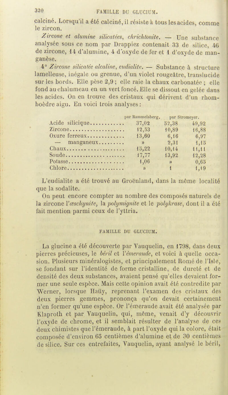 calciné. Lorsqu'il a été calciné, il résiste à tous les acides, comme le zircon. Zircone et alumine silicatces, chrichlonite. — Une substance analysée sous ce nom par Drappiez contenait 33 de silice, 46 de zircone, 14 d'alumine, 4 d'oxyde de fer et 4 d'oxyde de man- ganèse. 4° Zircone silicatée alcaline, eudialitc. — Substance à structure lamelleuse, inégale ou grenue, d'un violet rougeâtre, translucide sur les bords. Elle pèse 2,9 ; elle raie la chaux carbonatée ; elle fond au chalumeau en un vert foncé. Elle se dissout en gelée dans les acides. On en trouve des cristaux qui dérivent d'un rhom- boèdre aigu. En voici trois analyses : par Rammelsbcrg. par Stromeycr. 52,38 49,92 10,89 16,88 6,16 6,97 2,31 1,15 10,14 11,11 13,92 12,28 » 0,65 Chlore 1 1,19 L'eudialite a été trouvé au Groenland, dans la même localité que la sodalite. On peut encore compter au nombre des composés naturels de la zircone Yœschynile, la polymignite et le polykrase, dont il a été fait mention parmi ceux de l'yttria. FAMILLE DU GLUCIUM. La glucinea été découverte par Vauquelin, en 1798, dans deux pierres précieuses, le bêril et l'émeraude, et voici à quelle occa- sion. Plusieurs minéralogistes, et principalement Romé de l'Isle, se fondant sur l'identité de forme cristalline, de dureté et de densité des deux substances, avaient pensé qu'elles devaient for- mer une seule espèce. Mais cette opinion avait été contredite par Werner, lorsque Haiiy, reprenant l'examen des cristaux des deux pierres gemmes, prononça qu'on devait certainement n'en former qu'une espèce. Or l'émeraude avait été analysée par Klaproth et par Vauquelin, qui, même, venait d'y découvrir l'oxyde de chrome, et il semblait résulter de l'analyse de ces deux chimistes que l'émeraude, à part l'oxyde qui la colore, était composée d'environ 65 centièmes d'alumine et de 30 centièmes de silice. Sur ces entrefaites, Vauquelin, ayant analysé le béril,