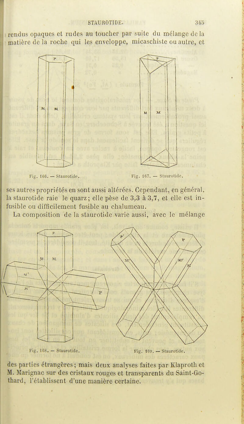 rendus opaques et rudes au loucher par suite du mélange delà matière de la roche qui les enveloppe, micaschiste ou autre, et Fig. 166. — Staurotide. Fig. 167. — Staurotide. ses autres propriétés en sont aussi altérées. Cependant, en général, la staurotide raie le quarz; elle pèse de 3,3 à 3,7, et elle est in- fusible ou difficilement fusible au chalumeau. La composition de la staurotide varie aussi, avec le mélange Fig. 168. — Staurotide. Fig. 16«. — Staurotide. des parties étrangères; mais deux analyses faites par Klaproth et M. Marignac sur des cristaux rouges et transparents du Saint-Go- thard, l'établissent d'une manière certaine.