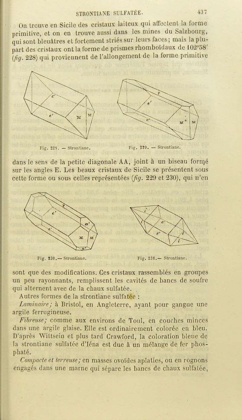 On trouve en Sicile des cristaux laiteux qui affectent la forme primitive, et on en trouve aussi dans les mines du Salzbourg, qui sont bleuâtres et fortement striés sur leurs faces; mais la plu- part des cristaux ont la forme de prismes rhomboïdaux de 102°58' {fig. 228) qui proviennent de l'allongement de la forme primitive Fig. 223. — Strontiane. Fig. 2Î9. — Slrontiane. dans le sens de la petite diagonale AA, joint à un biseau formé sur les angles E. Les beaux cristaux de Sicile se présentent sous cette forme ou sous celles représentées (fig. 229 et 230), qui n'en Fig. 230.—Strontiane. Fig. 231.— Strontiane. sont que des modifications. Ces cristaux rassemblés en groupes un peu rayonnants, remplissent les cavités de bancs de soufre qui alternent avec de la chaux sulfatée. Autres formes de la slrontiane sulfatée : Laminaire; à Bristol, en Angleterre, ayant pour gangue une argile ferrugineuse. Fibreuse; comme aux environs de Toul, en couches minces dans une argile glaise. Elle est ordinairement colorée en bleu. D'après Wiltsein et plus tard Crawford, la coloration bleue de la strontiane sulfatée d'Iéna est due à un mélange de fer phos- phaté. Compacte et terreuse; en masses ovoïdes aplaties, ou en rognons engagés clans une marne qui sépare les bancs de chaux sulfatée,