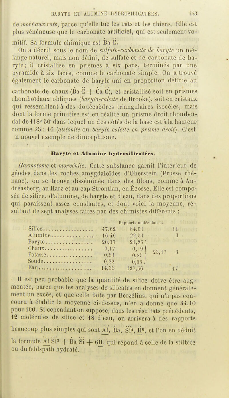 BARYTE ET ALUMINE I1YDR0SILICATÉES. de mort aux rats, parce qu'elle tue les rats et les chiens. Elle est plus vénéneuse que le carbonate artificiel, qui est seulement, vo- mitif. Sa formule chimique est Ba C. On a décrit sous le nom de suifato-carbonate de baryte un mé- lange naturel, mais non défini, de sulfate et de carbonate de ba- ryte; il cristallise en prismes à six pans, terminés par une pyramide à six faces, comme le carbonate simple. On a trouvé également le carbonate de baryte uni en proportion définie au carbonate de chaux (Ba C + Ca C), et cristallisé soit en prismes rhomboïdaux obliques {barylo-calcite de Brooke), soit en cristaux qui ressemblent à des dodécaèdres triangulaires isocèles, mais dont la forme primitive est en réalité un prisme droit rbomboï- dal de 118° 50' dans lequel un des côtés de la base est à la hauteur comme 25 : 16 (alstonite ou baryto-calcite en prisme droit). C'est n nouvel exemple de dimorphisme. Baryte et Alumine liydrosilicatées. Harmotome et morvénite. Cette substance garnit l'intérieur de géodes dans les roches amygdaloïdes d'Oberstein (Prusse rhé- nane), ou se trouve disséminée dans des filons, comme à An- dréasberg, au Harz et au cap Strontian, enÉcosse. Elle est compo- sée de silice, d'alumine, de baryte et d'eau, dans des proportions qui paraissent assez constantes, et dont voici la moyenne, ré- sultant de sept analyses faites par des chimistes différents : Rapports moléculaires. Silice 47,62 S4,0l 11 Alumine 16,40 22,51 3 Baryte 20,37 21,26 Chaux 0,17 0,;9 Potasse 0,51 0,*5 Soude 0,22 0,55, Uau ... 14,35 127,56' 17 Il est peu probable que la quantité de silice doive être aug- mentée, parce que les analyses de silicates en donnent générale- ment un excès, et que celle faite par Berzélius, qui n'a pas con- couru à établir la moyenne ci-dessus, n'en a donné que 44,10 pour 1C0. Si cependant on suppose, dans les résultats précédents, 12 molécules de silice et 18 d'eau, on arrivera à des rapports beaucoup plus simples qui sont Aï, Ba, Si*, H6, et l'on en déduit la formule M Si« -f- Ba Si -f 6H, qui répond à celle de la stilbite ou du feldspath hydraté. 23,17 3