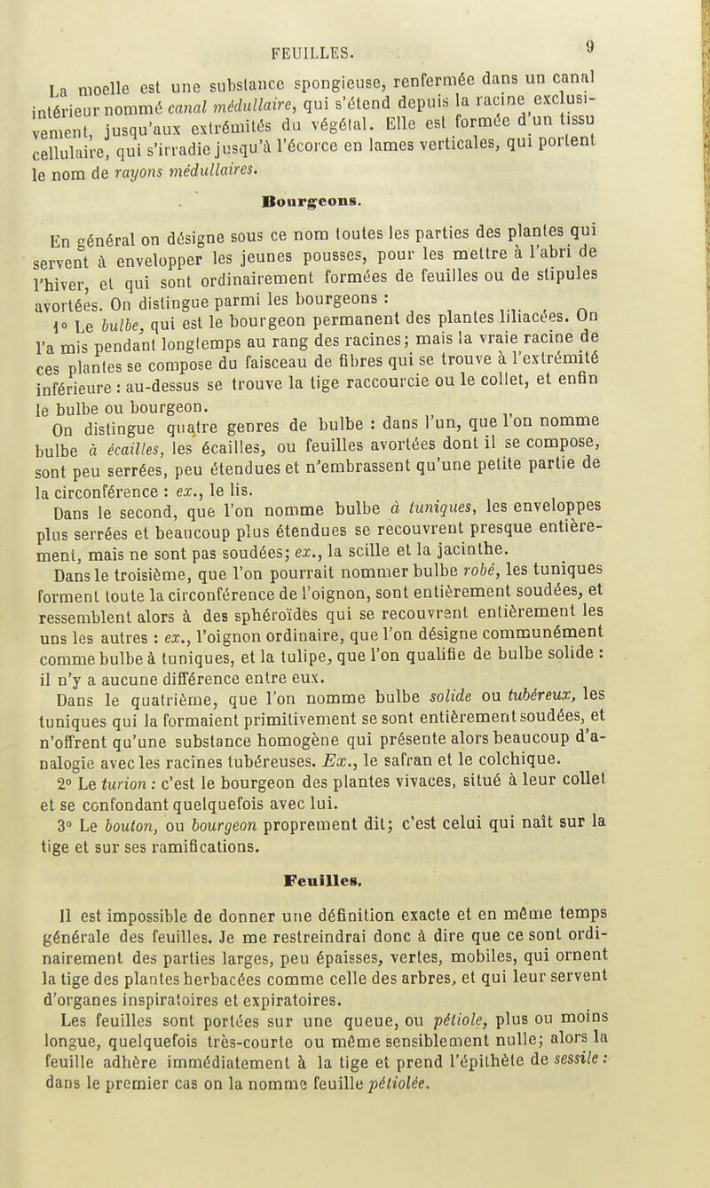 FEUILLES. ^ La moelle est une substance spongieuse, renfermée dans un canal intérieur nommé canal médullaire, gui s'étend depuis la racine exc us.- vement, jusqu'aux extrémités du végétal. Elle est formée d un tissu cellulaire, qui s'irradie jusqu'à l'écorce en lames verticales, qui portent le nom de rayons médullaires. Boiirg^eons. En Général on désigne sous ce nom toutes les parties des plantes qui servent à envelopper les jeunes pousses, pour les mettre à l'abri de l'hiver, et qui sont ordinairement formées de feuilles ou de stipules avortées. On distingue parmi les bourgeons : ^ 10 Le hulhe, qui est le bourgeon permanent des plantes liliacees. On l'a mis pendant longlemps au rang des racines; mais la vraie racine de ces plantes se compose du faisceau de fibres qui se trouve à l'extrémité inférieure : au-dessus se trouve la tige raccourcie ou le collet, et enfin le bulbe ou bourgeon. On distingue quatre genres de bulbe : dans 1 un, que Ion nomme bulbe à écailles, les' écailles, ou feuilles avortées dont il se compose, sont peu serrées, peu étendues et n'embrassent qu'une petite partie de la circonférence : ex., le lis. Dans le second, que l'on nomme bulbe à tuniques, les enveloppes plus serrées et beaucoup plus étendues se recouvrent presque entière- ment, mais ne sont pas soudées; ex., la scille et la jacinthe. Dans le troisième, que l'on pourrait nommer bulbe rohé, les tuniques forment toute la circonférence de l'oignon, sont entièrement soudées, et ressemblent alors à des sphéroïdes qui se recouvrent entièrement les uns les autres : ex., l'oignon ordinaire, que l'on désigne communément comme bulbe à tuniques, et la tulipe, que l'on qualifie de bulbe solide : il n'y a aucune différence entre eux. Dans le quatrième, que l'on nomme bulbe solide ou tubéreux, les tuniques qui la formaient primitivement se sont entièrement soudées, et n'offrent qu'une substance homogène qui présente alors beaucoup d'a- nalogie avec les racines tubéreuses. Ex., le safran et le colchique. 2» Le turion : c'est le bourgeon des plantes vivaces, situé à leur collet et se confondant quelquefois avec lui. 3» Le bouton, ou bourgeon proprement dit; c'est celui qui naît sur la tige et sur ses ramifications. Feuilles. Il est impossible de donner une définition exacte et en môme temps générale des feuilles. Je me restreindrai donc à dire que ce sont ordi- nairement des parties larges, peu épaisses, vertes, mobiles, qui ornent la tige des plantes herbacées comme celle des arbres, et qui leur servent d'organes inspiratoires et expiratoires. Les feuilles sont portées sur une queue, ou pétiole, plus ou moins longue, quelquefois très-courte ou même sensiblement nulle; alors la feuille adhère immédiatement à la tige et prend l'épilhète de sessile : dans le premier cas on la nomme feuille péliolée.