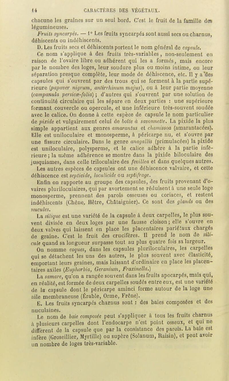 chacune les graines sur un seul bord. C'est le fruil de la famille des légumineuses. Fruits syncarpés. — 1° Les fruits syncarpés sont aussi secs ou charnus, déhiscents ou indéhiscents. D. Les fruits secs et déhiscents portent le nom général de capsule. Ce nom s'applique à des fruits très-variables, non-seulement en raison de l'ovaire libre ou adhérent qui les a formés, mais encore par le nombre des loges, leur soudure plus ou moins intime, ou leur séparation presque complète, leur mode de déhiscence, etc. Il y a'des capsules qui s'ouvrent par des trous qui se forment à la partie supé- rieure [papavcr nigrum, antirrhinurn majus), ou à leur partie moyenne {campanula persicœ-folia) ; d'autres qui s'ouvrent par une solution de continuité circulaire qui les sépare en deux parties : une supérieure formant couvercle ou opercule, et une inférieure très-souvent soudée avec le calice. On donne à cette espèce de capsule le nom particulier àe pixide et vulgairement celui de boîle à savonnette. La pixide la plus simple appartient aux genres amarantus et chamissoa (amarantacées). Elle est uniloculaire et monosperme, à péricarpe nu, et s'ouvre par une fissure circulaire. Dans le genre a?îa^a//ts (primulacées) la pixide est uniloculaire, polysperme, et le calice adhère à la partie infé- rieure ; la môme adhérence se montre dans la pixide biloculaire des jusquiames, dans celle triloculaire des fevillea et dans quelques autres. Les autres espèces de capsules ont une déhiscence valvaire, et cette déhiscence est septicide, loculicide ou septifrage. Enfin on rapporte au groupe des capsules, des fruits provenant d'o- vaires pluriloculaires, qui par avortement se réduisent à une seule loge monosperme, prennent des parois osseuses ou coriaces, et restent indéhiscents (Chône, Hêtre, Châtaignier). Ce sont des glands ou des nucules. La silique est une variété de la capsule à deux carpelles, le plus sou- vent divisée en deux loges par une fausse cloison; elle s'ouvre en deux valves qui laissent en place les placentaires pariétaux chargés de graine. C'est le fruit des crucifères. Il prend le nom de sili- cule quand sa longueur surpasse tout au plus quatre fois sa largeur. On nomme coques, dans les capsules pluriloculaires, les carpelles qui se détachent les uns des autres, le plus souvent avec élasticité, emportant leurs graines, mais laissant d'ordinaire en place les placen- taires axiles {Euphorhia, Géranium, Fraxinella.) La samare, qu'on a rangée souvent dans les fruits apocarpés, mais qui, en réalité, est formée de deux carpelles soudés entre eux, est une variété de la capsule dont le péricarpe aminci forme autour de la loge une aile membraneuse (Érable, Orme, Frêne). E. Les fruits syncarpés charnus sont : des baies composées et des nuculaines. Le nom de baie composée peut s'appliquer à tous les fruits charnus à plusieurs carpelles dont l'endocarpe n'est point osseux, et qui ne diffèrent de la capsule que par la consistance des parois. La baie est infère (Groseillier, Myrtille) ou supère (Solanum, Raisin), et peut avoir un nombre de loges très-variable.