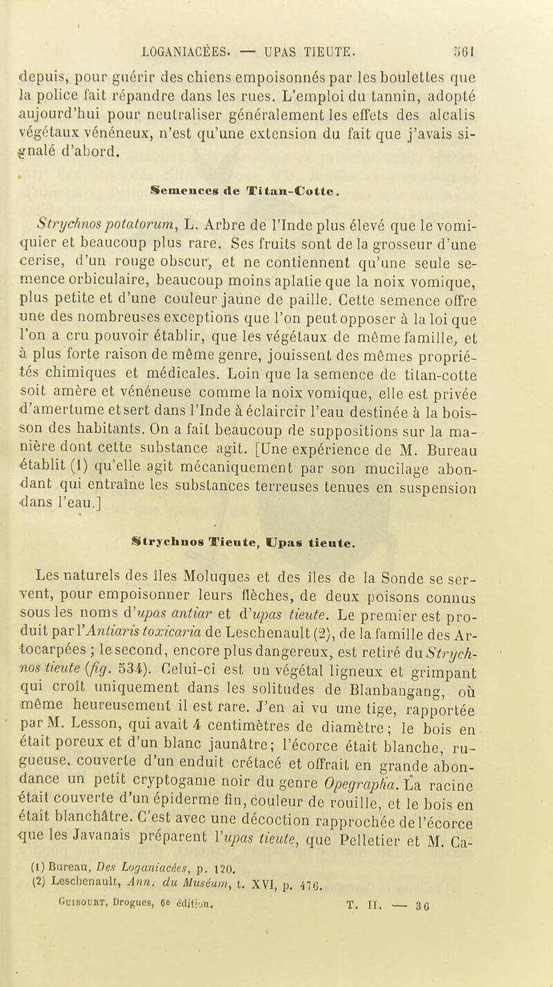 I LOGANIACÉES. — UPAS TIEUTE. o61 depuis, pour guérir des chiens empoisonnés par les boulettes que la police lait répandre dans les rues. L'emploi du tannin, adopté aujourd'hui pour neutraliser généralement les effets des alcalis végétaux vénéneux, n'est qu'une extension du fait que j'avais si- ^rnalé d'abord. Semences de Titan-Cotte. Strychnos potatorum, L. Arbre de l'Inde plus élevé que le vomi- quier et beaucoup plus rare. Ses fruits sont de la grosseur d'une cerise, d'un rouge obscur, et ne contiennent qu'une seule se- mence orbiculaire, beaucoup moins aplatie que la noix vomique, plus petite et d'une couleur jaune de paille. Cette semence oifre une des nombreuses excep tions que l'on peut opposer à la loi que l'on a cru pouvoir établir, que les végétaux de même famille^ et à plus forte raison de même genre, jouissent des mêmes proprié- tés chimiques et médicales. Loin que la semence de tilan-cotte soit amère et vénéneuse comme la noix vomique, elle est privée d'amertume etsert dans l'Inde à éclaircir l'eau destinée à la bois- son des habitants. On a fait beaucoup de suppositions sur la ma- nière dont cette substance agit. [Une expérience de M. Bureau établit (I) qu'elle agit mécaniquement par son mucilage abon- dant qui entraîne les substances terreuses tenues en suspension dans l'eau.] Strychnos Tieute, Upas tiente. Les naturels des îles Moluques et des îles de la Sonde se ser- vent, pour empoisonner leurs flèches, de deux poisons connus sous les noms d'upas antiar et à'upas tieute. Le premier est pro- duit par l'An/zans toxicaria de Leschenault (2), de la famille des Ar- tocarpées ; le second, encore plus dangereux, est retiré d\x Strych- nos tieute {fig. S34). Celui-ci est un végétal ligneux et grimpant qui croît uniquement dans les solitudes de Blanbangang, où même heureusement il est rare. J'en ai vu une tige, rapportée par M. Lesson, qui avait 4 centimètres de diamètre; le bois en était poreux et d'un blanc jaunâtre; l'écorce était blanche, ru- gueuse, couverte d'un enduit crétacé et offrait en grande abon- dance un petit cryptogame noir du genre Opegraptia. La racine était couverte d'un épiderme fin, couleur de rouille, et le bois en était blanchâtre. C'est avec une décoction rapprochée de l'écorce que les Javanais préparent Yupas tieute, que Pelletier et M. Ca- (1) Bureau, Des Loganiacées, p. 12(). (2J Leschenault, Ann. du Muséum, t. XVI, p. 470.