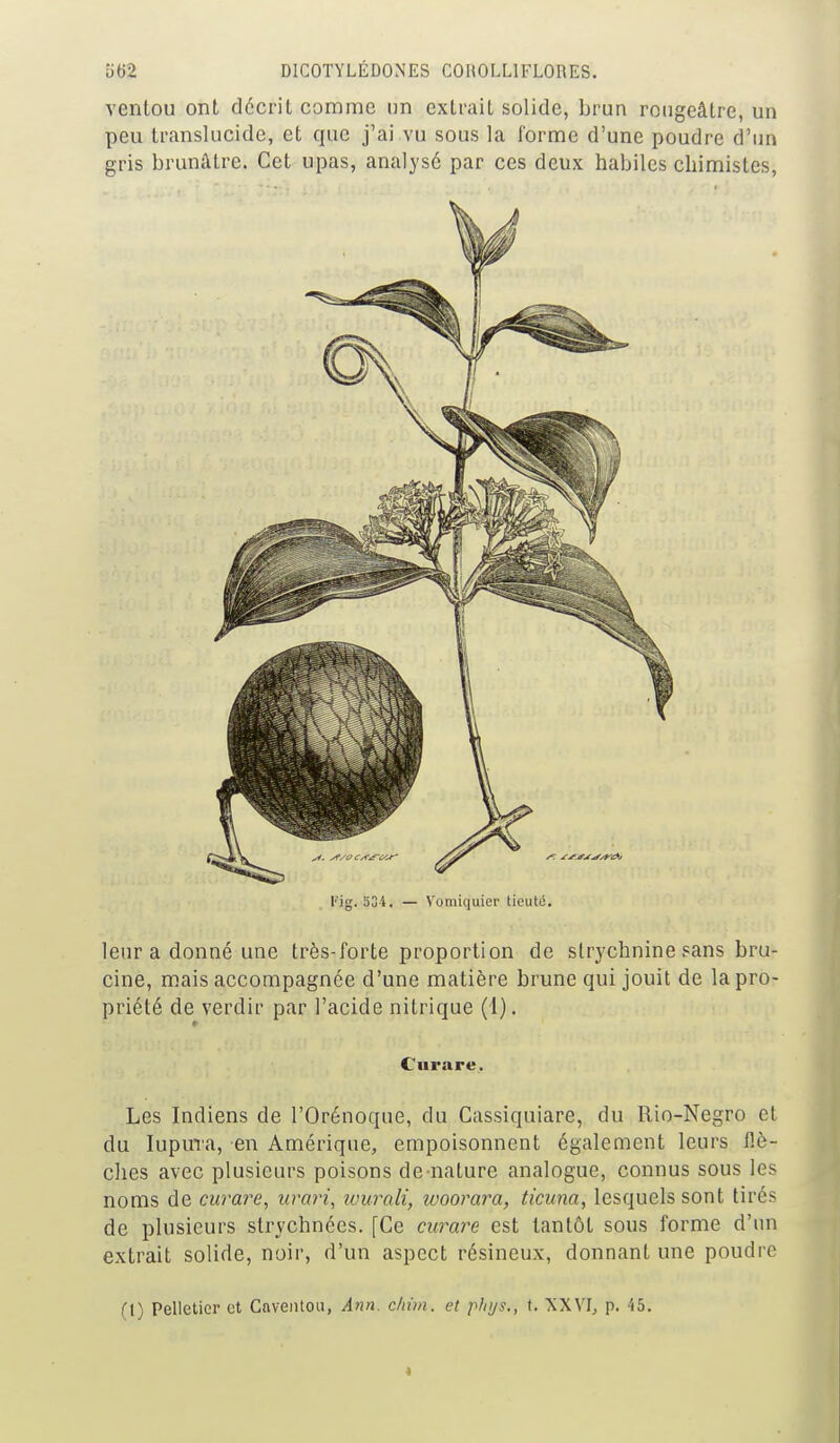 ventou ont décrit comme un extrait solide, brun roiigeâtre, un peu translucide, et que j'ai vu sous la forme d'une poudre d'un gris brunâtre. Cet upas, analyse par ces deux habiles chimistes. l'ig. 534. — Vomiquier tieuté. leur a donné une très-forte proportion de strychnine sans bru- cine, mais accompagnée d'une matière brune qui jouit de la pro- priété de verdir par l'acide nitrique (1). r Curare. Les Indiens de l'Orénoque, du Cassiquiare, du Rio-Negro et du lupura, en Amérique, empoisonnent également leurs flè- clies avec plusieurs poisons de nature analogue, connus sous les noms de curare, urcni, ivurali, woorara, ticuna, lesquels sont tirés de plusieurs strychnées. [Ce curai^e est tantôt sous forme d'un extrait solide, noir, d'un aspect résineux, donnant une poudre (1) Pelletier et Caventou, Ann. c/iùn. et p/ii/s,, t. 'XXVI, p. 45. *