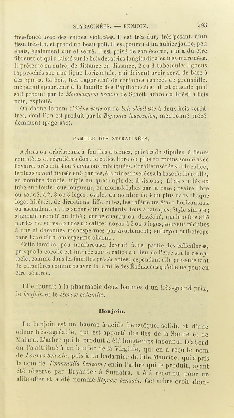 STYRACINÉES. — BENJOIN. 395 très-foncé avec des veines violacées. Il est Irùs-dur, trôs-pesant, d'un tissu très-fin, et prend un beau poli. Il esl pourvu d'un aubier jaune, peu épais, égaleoîent dur et serré. Il esl privé de son écorce, qui a dû être fibreuse et qui a laissé sur le bois des stries longitudinales très-marquées. II présente en outre, de dislance en dislance, 2 ou 3 luberoules ligneux rapprochés sur une ligne horizontale, qui doivent avoir servi de base à des épines. Ce bois, (rès-rapproché de certaines espèces de grenadille, me paraît appartenir à la famille des Papilionacées ; il est possible qu'il soit produit par le Melanoxylon brauna de Scholt, arbre du Brésil à bois noir, exploité. On donne le nom d'ébène verte ou de bois d'évilasse à deux bois verdâ- ti-es, dont l'un est produit par le Bignonia leucoxylon, mentionné précé- demment (page 541). FAMILLE DES STYRACINÉES. Arbres ou arbrisseaux à feuilles alternes, privées de stipules, à fleurs complètes et régulières dont le calice libre ou plus ou moins soudé avec l'ovaire, présente 4 ou o divisions imbriquées. Corolle insérée su rie calice, leplussouveiitdiviséeen5 parties, élamines insérées à la base de la corolle, en nombre double, triple ou quadruple des divisions ; filets soudés en tube sur toute leur longueur, ou monadelplies par la base ; ovaire libre ou soudé, à 2, 3 ou S loges ; ovules au nombre de 4 ou plus dans chaque loge, bisériés, de directions différentes, les inférieurs étant horizontaux ou ascendants et les supérieurs pendants, tous anatropes. Slyle simple j stigmate crénelé ou lobé; drupe charnu ou desséché, quelquefois ailé par les nervures accrues du calice; noyau à 3 ou 5 loges, souvent réduites à une et devenues monospermes par avortemenl; embryon orlhotrope dans l'axe d'un endosperme charnu. Celle famille, peu nombreuse, devrait faire partie des caliciflores, puisque la corolle esl insérée sur le calice au lieu de l'être sur le récep- tacle, comme dans les familles précédentes; cependant elle présente tant de caractères communs avec la famille desÉbénacées qu'elle ne peut en Olre séparée. Elle fournit à la pharmacie deux baumes d'un très-grand prix, le benjoin et le storux calamité. Benjoin. Le benjoin est un baume à acide bcnzoïque, solide et d'une odeur très-agréable, qui est apporté des îles de la Sonde et de INlalaca. L'arbre qui le produit a été longtemps inconnu. D'abord on l'a attribué à un laurier de la Virginie, qui en a reçu le nom <le Laurus benzoin, puis à un badamier de l'île Maurice, qui a pris le nom de T'erminalia benzoin; enfin l'arbre qui le produit, ayant été observé par Dryander à Sumatra, a été reconnu pour un aliboufier et a été nommé Styrax benzoin. Cet arbre croît abon-