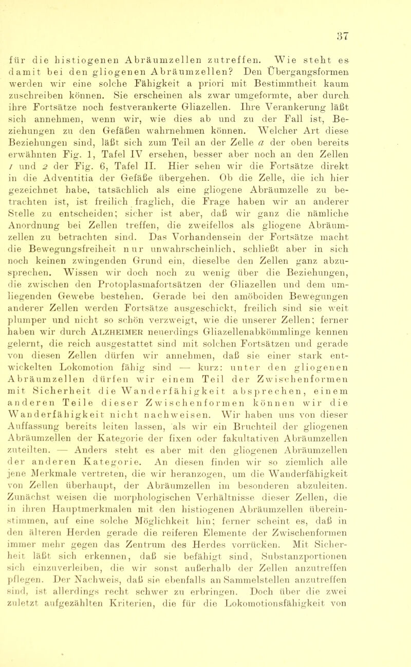 für die histiogenen Abräumzellen zutreffen. Wie stellt es- damit bei den gliogenen Abräumzellen? Den Übergangsformen werden wir eine solche Fähigkeit a priori mit Bestimmtheit kaum zuschreiben können. Sie erscheinen als zwar umgeformte, aber durch, ihre Fortsätze noch festverankerte Gliazellen. Ihre Verankerung läßt sich annehmen, wenn wir, wie dies ab und zu der Fall ist, Be- ziehungen zu den Gefäßen wahrnehmen können. Welcher Art diese Beziehungen sind, läßt sich zum Teil an der Zelle a der oben bereits erwähnten Fig. 1, Tafel IV ersehen, besser aber noch an den Zellen / und 2 der Fig. 6, Tafel II. Hier sehen wir die Fortsätze direkt in die Adventitia der Gefäße übergehen. Ob die Zelle, die ich hier gezeichnet habe, tatsächlich als eine gliogene Abräumzelle zu be- trachten ist, ist freilich fraglich, die Frage haben wir an anderer Stelle zu entscheiden; sicher ist aber, daß wir ganz die nämliche Anordnung bei Zellen treffen, die zweifellos als gliogene Abräum- zellen zu betrachten sind. Das Vorhandensein der Fortsätze macht die Bewegungsfreiheit nur unwahrscheinlich, schließt aber in sich noch keinen zwingenden Grund ein, dieselbe den Zellen ganz abzu- sprechen. Wissen wir doch noch zu wenig über die Beziehungen, die zwischen den Protoplasmafortsätzen der Gliazellen und dem um- liegenden Gewebe bestehen. Gerade bei den amöboiden Bewegungen anderer Zellen werden Fortsätze ausgeschickt, freilich sind sie weit plumper und nicht so schön verzweigt, wie die unserer Zellen; ferner haben wir durch Alzheimer neuerdings Gliazellenabkömmlinge kennen gelernt, die reich ausgestattet sind mit solchen Fortsätzen und gerade von diesen Zellen dürfen wir annehmen, daß sie einer stark ent- wickelten Lokomotion fähig sind -—- kurz: unter den gliogenen Abräumzellen dürfen wir einem Teil der Zwischenformen mit Sicherheit die Wanderfähigkeit absprechen, einem anderen Teile dieser Zwischenformen können wir die Wanderfähigkeit nicht nachweisen. Wir haben uns von dieser Auffassung bereits leiten lassen, als wir ein Bruchteil der gliogenen Abräumzellen der Kategorie der fixen oder fakultativen Abräumzellen zuteilten. — Anders steht es aber mit den gliogenen Abräumzellen der anderen Kategorie. An diesen finden wir so ziemlich alle jene Merkmale vertreten, die wir heranzogen, um die Wanderfähigkeit von Zellen überhaupt, der Abräumzellen im besonderen abzuleiten. Zunächst weisen die morphologischen Verhältnisse dieser Zellen, die in ihren Hauptmerkmalen mit den histiogenen Abräumzellen überein- stimmen, auf eine solche Möglichkeit hin; ferner scheint es, daß in den älteren Herden gerade die reiferen Elemente der Zwischenformen immer mehr gegen das Zentrum des Herdes vorrücken. Mit Sicher- heit läßt sich erkennen, daß sie befähigt sind, Substanzportionen sich einzuverleiben, die wir sonst außerhalb der Zellen anzutreffen pflegen. Der Nachweis, daß sie ebenfalls an Sammelstellen anzutreffen sind, ist allerdings recht schwer zu erbringen. Doch über die zwei zuletzt aufgezählten Kriterien, die für die Lokomotionsfähigkeit von