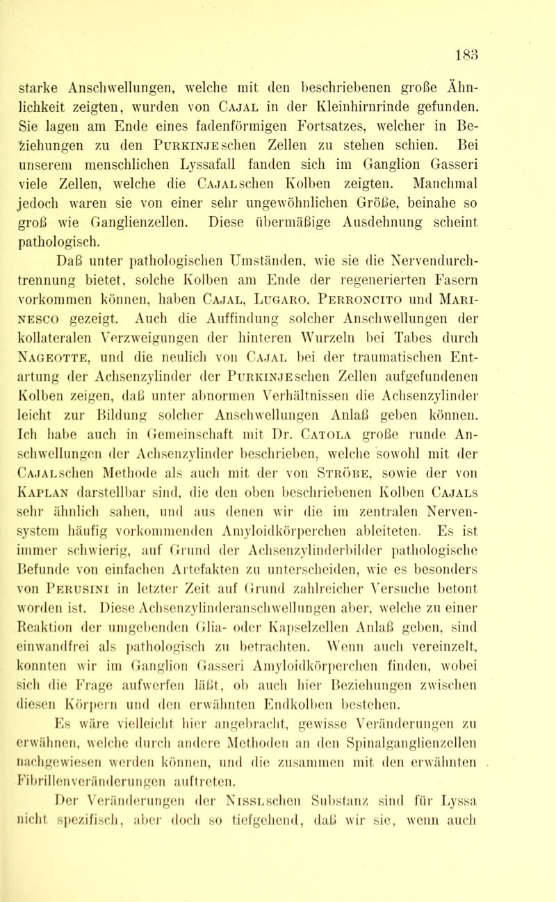 starke Anschwellungen, welche mit den beschriebenen große Ähn- lichkeit zeigten, wurden von Cajal in der Kleinhirnrinde gefunden. Sie lagen am Ende eines fadenförmigen Fortsatzes, welcher in Be- ziehungen zu den Purkinje sehen Zellen zu stehen schien. Bei unserem menschlichen Lyssafall fanden sich im Ganglion Gasseri viele Zellen, welche die Cajal sehen Kolben zeigten. Manchmal jedoch waren sie von einer sehr ungewöhnlichen Größe, beinahe so groß wie Ganglienzellen. Diese übermäßige Ausdehnung scheint pathologisch. Daß unter pathologischen Umständen, wie sie die Nervendurch- trennung bietet, solche Kolben am Ende der regenerierten Fasern Vorkommen können, haben Cajal, Lugaro, Perroncito und Mari- nesco gezeigt. Auch die Auffindung solcher Anschwellungen der kollateralen Verzweigungen der hinteren Wurzeln bei Tabes durch Nageotte, und die neulich von Cajal bei der traumatischen Ent- artung der Achsenzylinder der Purkinje sehen Zellen aufgefundenen Kolben zeigen, daß unter abnormen Verhältnissen die Achsenzylinder leicht zur Bildung solcher Anschwellungen Anlaß geben können. Ich habe auch in Gemeinschaft mit Dr. Catola große runde An- schwellungen der Achsenzylinder beschrieben, welche sowohl mit der Cajal sehen Methode als auch mit der von Ströbe, sowie der von Kaplan darstellbar sind, die den oben beschriebenen Kolben Cajals sehr ähnlich sahen, und aus denen wir die im zentralen Nerven- system häufig vorkommenden Amyloidkörperchen ableiteten. Es ist immer schwierig, auf Grund der Achsenzylinderbilder pathologische Befunde von einfachen Artefakten zu unterscheiden, wie es besonders von Perusini in letzter Zeit auf Grund zahlreicher Versuche betont worden ist. Diese Achsenzylinderanschwellungen aber, welche zu einer Reaktion der umgebenden Glia- oder Kapselzellen Anlaß geben, sind einwandfrei als pathologisch zu betrachten. Wenn auch vereinzelt, konnten wir im Ganglion Gasseri Amyloidkörperchen finden, wobei sich die Frage aufwerfen läßt, ob auch hier Beziehungen zwischen diesen Körpern und den erwähnten Endkolben bestehen. Es wäre vielleicht hier angebracht, gewisse Veränderungen zu erwähnen, welche durch andere Methoden an den Spinalganglienzellen nachgewiesen werden können, und die zusammen mit den erwähnten Fibril len Veränderungen auf treten. Der Veränderungen der NissLschen Substanz sind für Lyssa nicht spezifisch, aber doch so tiefgehend, daß wir sie, wenn auch