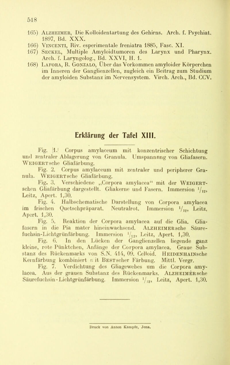 165) Alzheimer, Die Kolloidentartung des Gehirns. Arch. f. Psychiat. 1897, Bd. XXX. 166) Vincenti, Riv. esperimentale freniatra 1885, Fase. XI. 167) Seckel, Multiple Amyloidtumoren des Larynx und Pharynx. Arch. f. Laryngolog., Bd. XXVI, H. 1. 168) Lafora, R. Gonzalo, Über das Vorkommen amyloider Körperchen im Inneren der Ganglienzellen, zugleich ein Beitrag zum Studium der amyloiden Substanz im Nervensystem. Virch. Arch., Bd. GCV. Erklärung der Tafel XIII. Fig. |1.] Corpus amylaceum mit konzentrischer Schichtung und zentraler Ablagerung von Granula. Umspannnng von Gliafasern. Weigert sehe Gliafärbung. Fig. 2. Corpus amylaceum mit zentraler und peripherer Gra- nula. Weigert sehe Gliafärbung. Fig. 3. Verschiedene „Corpora amylacea“ mit der Weigert- schen Gliafärbung dargestellt. Gliakerne und Fasern. Immersion 1/12, Leitz, Apert. 1,30. Fig. 4. Halbschematische Darstellung von Corpora amylacea im frischen Quetschpräparat. Neutralrot. Immersion V]2, Leitz, Apert. 1,30. Fig. 5. Reaktion der Corpora amylacea auf die Glia. Glia- fasern in die Pia mater hineinwachsend. Alzheimer sehe Säure- fuchsin-Lichtgrünfärbung. Immersion 1/12, Leitz, Apert. 1,30. Fig. 6. In den Lücken der Ganglienzellen liegende ganz kleine, rote Pünktchen, Anfänge der Corpora amylacea. Graue Sub- stanz des Rückenmarks von S.N. 414, 09. Celloid. HEiDENHAiNsche Kei nfärhung kombiniert n it Best scher Färbung. Mittl. Vergr. Fig. 7. Verdichtung des Gliagewebes um die Corpora amy- lacea. Aus der grauen Substanz des Rückenmarks. Alzheimer sehe Säurefuchsin-Lichtgrünfärbung. Immersion 1/J2, Leitz, Apert. 1,30. Druck von Anton Kampfe, Jena.