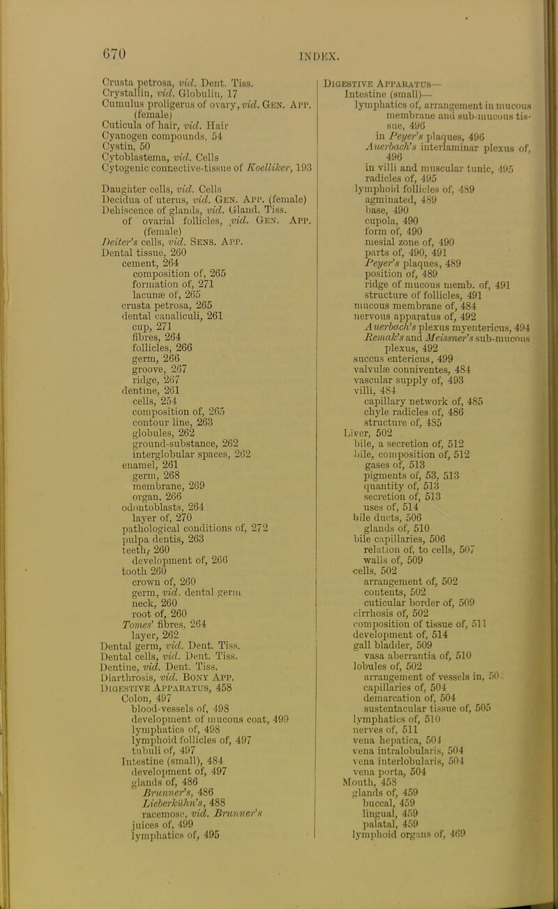 Crusta petrosa, vid. Dent. Tiss. Crystallin, vid. Globulin, 17 Cumulus proligerusof ovary, vid. Gen. App. (female; Cuticula of hair, vid. Hair Cyanogen compounds, 54 Cystin, 50 Cytoblastema, vid. Cells C'ytogenic connective-tissue of Koelliker, 193 Daughter cells, vid. Cells Decidua of uterus, vid. Gen. App. (female) Dehiscence of glands, vid. Gland. Tiss. of ovarial follicles, /vid. Gen. App. (female) Deiter’s cells, vid. Sens. App. Dental tissue, 260 cement, 264 composition of, 265 formation of, 271 lacuna; of, 265 crusta petrosa, 265 dental canaliculi, 261 cup, 271 fibres, 264 follicles, 266 germ, 266 groove, 267 ridge, 267 dentine, 261 cells, 254 composition of, 265 contour line, 263 globules, 262 ground-substance, 262 interglobular spaces, 262 enamel, 261 germ, 268 membrane, 269 organ, 266 odontoblasts, 264 layer of, 270 pathological conditions of, 272 pulpa dentis, 263 teeth,- 260 development of, 266 tooth 260 crown of, 260 germ, vid. dental germ neck, 260 root of, 260 Tomes’ fibres, 264 layer, 262 Dental germ, vid. Dent. Tiss. Dental cells, vid. Dent. Tiss. Dentine, vid. Dent. Tiss. Diarthrosis, vid. Bony App. Digestive Apparatus, 458 Colon, 497 blood-vessels of, 498 development of mucous coat, 499 lymphatics of, 498 lymphoid follicles of, 497 tubuli of, 497 Intestine (small), 484 development of, 497 glands of, 486 Brunner’s, 486 Lieberkulm’s, 488 racemose, vid. Brunner's juices of, 499 lymphatics of, 495 Digestive Apparatus— Intestine (small)— lymphatics of, arrangement in mucous membrane and sub-mucous tis- sue, 496 in Beyer'8 plaques, 496 Auerbach's interlaminar plexus of. 496 in villi and muscular tunic, 495 radicles of, 495 lymphoid follicles of, 489 agminated, 489 base, 490 cupola, 490 form of, 490 mesial zone of, 490 parts of, 490, 491 Beyer's plaques, 489 position of, 489 ridge of mucous memb. of, 491 structure of follicles, 491 mucous membrane of, 484 nervous apparatus of, 492 A uerboch’s plexus myentericus, 494 Remak’s and Meissner’s sub-mucous plexus, 492 succus entericus, 499 valvuke conniventes, 484 vascular supply of, 493 villi, 484 capillary network of, 485 chyle radicles of, 486 structure of, 485 Liver, 502 bile, a secretion of, 512 bile, composition of, 512 gases of, 513 pigments of, 53, 513 quantity of, 513 secretion of, 513 uses of, 514 bile ducts, 506 glands of, 510 bile capillaries, 506 relation of, to cells, 507 walls of, 509 cells, 502 arrangement of, 502 contents, 502 cuticular border of, 509 cirrhosis of, 502 composition of tissue of, 511 development of, 514 gall bladder, 509 vasa aberrantia of, 510 lobules of, 502 arrangement of vessels in, 50. capillaries of, 504 demarcation of, 504 sustentacular tissue of, 505 lymphatics of, 510 nerves of, 511 vena hepatica, 504 vena intralobularis, 504 vena interlobularis, 504 vena porta, 504 Mouth, 45S glands of, 459 buccal, 459 lingual, 459 palatal, 459 lymphoid organs of, 469