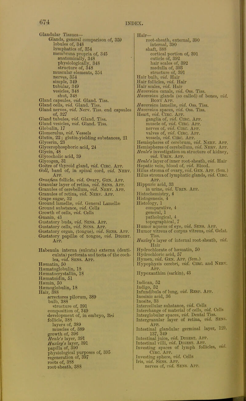 Glandular Tissues— Glands, general comparison of, 359 lobules of, 348 lymphatics of, 354 membrana propria of, 345 anatomically, 348 physiologically, 348 structure of, 348 muscular elements, 354 nerves, 354 simple, 349 tubular, 349 vesicles, 348 shut, 348 Gland capsules, vid. Gland. Tiss. Gland cells, vid. Gland. Tiss. Gland nerves, vid. Nerv. Tiss. end capsules of, 327 Gland tubules, vid. Gland. Tiss. Gland vesicles, vid. Gland. Tiss. Globulin, 17 Glomerulus, vid. Vessels Glutin, 22 ; glutin-yielding substances, 21 Glycerin, 23 Glycerophosphoric acid, 24 Glycin, 48 Glycocholic acid, 39 Glycogen, 31 Goitre of thyroid gland, vid. Circ. App. Goll, band of, in spinal cord, vid. Nerv. App. Graafian follicle, vid. Ovary, Gen. App. Granular layer of retina, vid. Sens. App. Granules of cerebellum, vid. Nerv. App. Granules of retina, vid. Nerv. App. Grape sugar, 32 Ground lamellae, vid. General Lamellae Ground substance, vid. Cells Growth of cells, vid. Cells Guanin, 43 Gustatory buds, vid. Sens. App. Gustatory cells, vid. Sens. App. Gustatory organ, (tongue), vid. Sens. App. Gustatory papillae of tongue, vid. Digest. App. Habenula interna (sulcata) externa (denti- culata) perforata and tecta of the coch- lea, vid. Sens. App. Haematin, 50 Hcematoglobulin, 18 Hsematocrystallin, 18 Hasmatoidin, 51 Hsemin, 50 Haemoglobulin, 18 Hair, 388 arrectores pilorum, 389 bulb, 388 structure of, 391 composition of, 349 development of, in embryo, 39d follicle, 388 layers of, 389 muscles of, 389 growth of, 396 Hanle’s layer, 391 Huxley's layer, 391 papilla of, 390 physiological purposes of, 395 regeneration of, 397 roots of, 388 root-sheath, 388 Hair— root-slieatli, external, 390 internal, 390 shaft, 388 cortical portion of, 391 cuticle of, 392 hair scales of, 392 medulla of, 393 structure of, 391 Hair bulb, vid. Hair Hair follicles, vid. Hair Hair scales, vid. Hair Haversian canals, vid. Oss. Tiss. Haversian glands (so called) of bones, vid. Bony App. Haversian lamellae, vid. Oss. Tiss. Haversian spaces, vid. Oss. Tiss. Heart, vid. Circ. App. ganglia of, vid. Circ. App. muscle of, vid. Circ. App. nerves of, vid. Circ. App. valves of, vid. Circ. App. vessels, vid. Circ. App. Hemispheres of cerebrum, vid. Nerv. App. Hemispheres of cerebellum, vid. Nerv. App. Henle’s investigation on structure of kidney, vid. Urin. App. Henle's layer of inner root-sheath, vid. Hair Hepatic vein, blood of, vid. Blood. Hilus stroma of ovary, vid. Gen. App. (fem.) Hilus stroma of lymphatic glands, vid. Circ. App. Hippuric acid, 33 in urine, vid. Urin. App. Histochemistry, 4 Histogenesis, 4 Histology, 1 comparative, 4 general, 1 pathological, 4 topographical, 7 Humor aqueus of eye, vid. Sens. App. Humor vitreus of corpus vitreus, vid. Gelat. Tiss. Huxley’s layer of internal root-sheath, vid. Hair Hydrochlorate of luematin, 50 Hydrochloric acid, 57 Hymen, vid. Gen. App. (fem.) Hypophysis cerebri, vid. Circ. and Nerv. App. Hypoxanthim (sarkin), 43 Indican, 52 Indigo, 52 Infundibula of lung, vid. Resp. App. Inosinic acid, 36 Inosite, 33 Intercellular substance, vid. Cells Interchange of material of cells, vid. Cells Interglobular spaces, vid. Dental Tiss. Intergranular layer of retina, vid. Sens. App. Intestinal glandular germinal layer, 129, 137, 349 Intestinal juice, vid. Digest. App. Intestinal villi, vid. Digest. App. Investing spaces of lymph follicles, vu<- Circ. App. Investing sphere, vid. Cells Iris, vid. Sens. App. nerves of, rid. Sens. App.