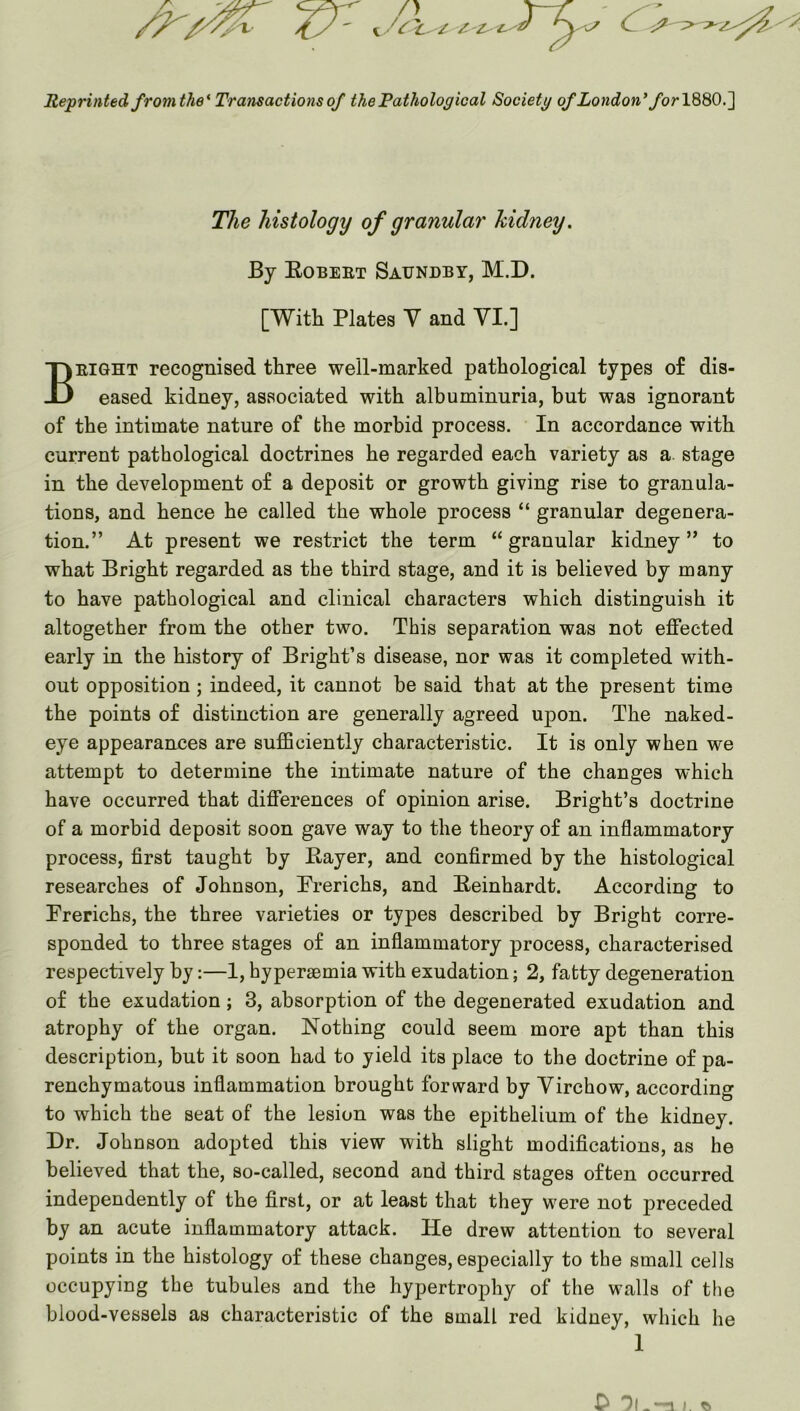 ,/> Reprinted fromthe^ Transactions of the Pathological Societg of Zo7idon’ forlSSO.^ The histology of granular kidney. By Eobeet Saundby, M.D. [With Plates V and VI.] EEIGHT recognised three well-marked pathological types of dis- eased kidney, associated with albuminuria, but was ignorant of the intimate nature of the morbid process. In accordance with current pathological doctrines he regarded each variety as a stage in the development of a deposit or growth giving rise to granula- tions, and hence he called the whole process “ granular degenera- tion.” At present we restrict the term “granular kidney” to what Bright regarded as the third stage, and it is believed by many to have pathological and clinical characters which distinguish it altogether from the other two. This separation was not effected early in the history of Bright’s disease, nor was it completed with- out opposition; indeed, it cannot be said that at the present time the points of distinction are generally agreed upon. The naked- eye appearances are sufficiently characteristic. It is only when we attempt to determine the intimate nature of the changes which have occurred that differences of opinion arise. Bright’s doctrine of a morbid deposit soon gave way to the theory of an inflammatory process, first taught by Eayer, and confirmed by the histological researches of Johnson, Prerichs, and Eeinhardt. According to Prerichs, the three varieties or types described by Bright corre- sponded to three stages of an inflammatory process, characterised respectively by;—I, hypersemia with exudation; 2, fatty degeneration of the exudation; 3, absorption of the degenerated exudation and atrophy of the organ. Nothing could seem more apt than this description, but it soon had to yield its place to the doctrine of pa- renchymatous inflammation brought forward by Virchow, according to which the seat of the lesion was the epithelium of the kidney. Dr. Johnson adopted this view with slight modifications, as he believed that the, so-called, second and third stages often occurred independently of the first, or at least that they were not preceded by an acute inflammatory attack. He drew attention to several points in the histology of these changes, especially to the small cells occupying the tubules and the hypertrophy of the walls of the blood-vessels as characteristic of the small red kidney, which he