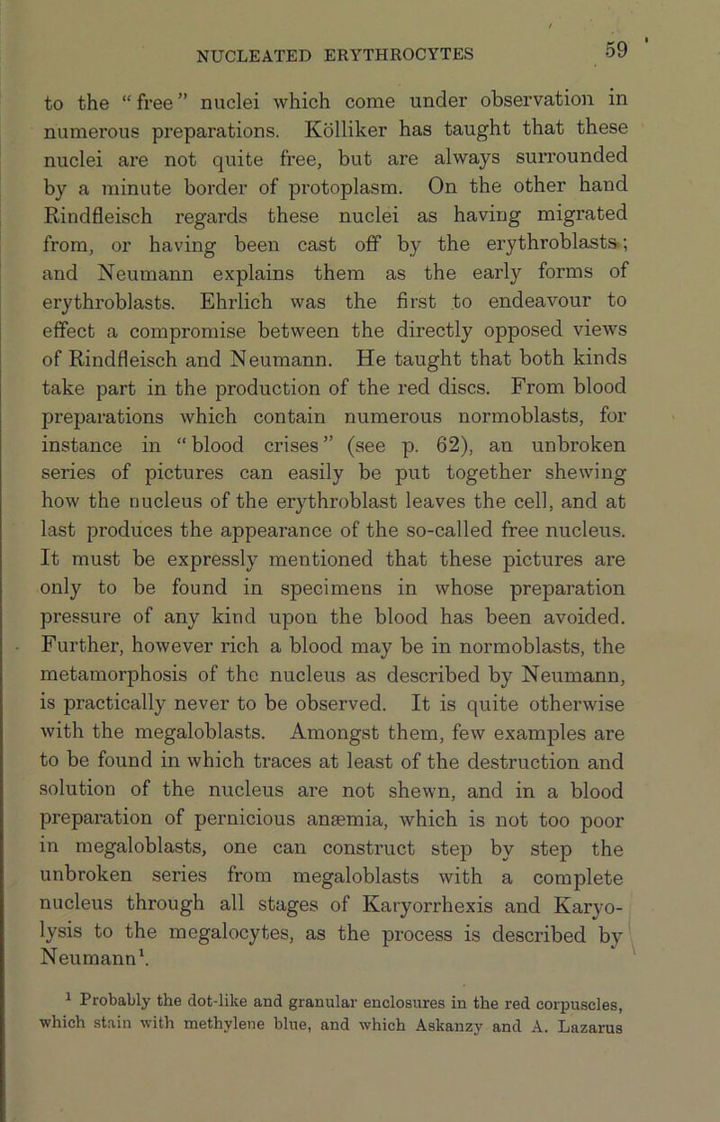 to the “ free ” nuclei which come under observation in numerous preparations. Kblliker has taught that these nuclei are not quite free, but are always surrounded by a minute border of protoplasm. On the other hand Rindfleisch regards these nuclei as having migrated from, or having been cast off by the erythroblasts-; and Neumann explains them as the early forms of erythroblasts. Ehrlich was the first to endeavour to effect a compromise between the directly opposed views of Rindfleisch and Neumann. He taught that both kinds take part in the production of the red discs. From blood preparations which contain numerous normoblasts, for instance in “blood crises” (see p. 62), an unbroken series of pictures can easily be put together shewing how the nucleus of the erythroblast leaves the cell, and at last produces the appearance of the so-called free nucleus. It must be expressly mentioned that these pictures are only to be found in specimens in whose preparation pressure of any kind upon the blood has been avoided. Further, however rich a blood may be in normoblasts, the metamorphosis of the nucleus as described by Neumann, is practically never to be observed. It is quite otherwise with the megaloblasts. Amongst them, few examples are to be found in which traces at least of the destruction and solution of the nucleus are not shewn, and in a blood preparation of pernicious ansemia, which is not too poor in megaloblasts, one can construct step by step the unbroken series from megaloblasts with a complete nucleus through all stages of Karyorrhexis and Karyo- lysis to the megalocytes, as the process is described by Neumann*. 1 Probably the dot-like and granular enclosures in the red corpuscles, which stain with methylene blue, and which Askanzy and A. Lazarus