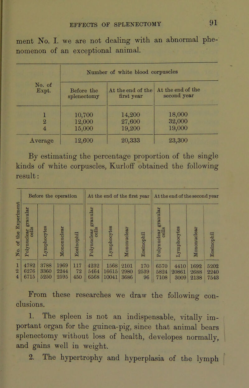 ment No. I. we are not dealing with an abnormal phe- nomenon of an exceptional animal. No. of Expt. Number of white blood corpuscles Before the splenectomy At the end of the first year At the end of the second year 1 10,700 14,200 18,000 2 12,000 27,600 32,000 4 15,000 19,200 19,000 Average 12,600 20,333 23,300 By estimating the percentage proportion of the single kinds of white corpuscles, Kurloff obtained the following result: 1 No. of the Experiment | Before the operation At the end of the first year At the end of the second year Polynuclear granular cells Lymphocytes Mononuclear Eosinophil Polynuclear granular cells Lymphocytes Mononuclear Eosinophil Polynuclear granular cells Lymphocytes Mononuclear Eosinophil 1 4782 3788 1969 117 4232 1568 2101 170 1 6570 4410 1692 5202 2 6276 3360 2244 72 5464 16615 2980 2539 j 5824 20861 2688 2240 4 6715 5250 2595 450 6568 10041 3686 96 j 7108 3009 2138 1 7543 From these researches we draw the following con- clusions. 1. The spleen is not an indispensable, vitally im- portant organ for the guinea-pig, since that animal bears splenectomy without loss of health, developes normally, and gains well in weight. 2. The hypertrophy and hyperplasia of the lymph