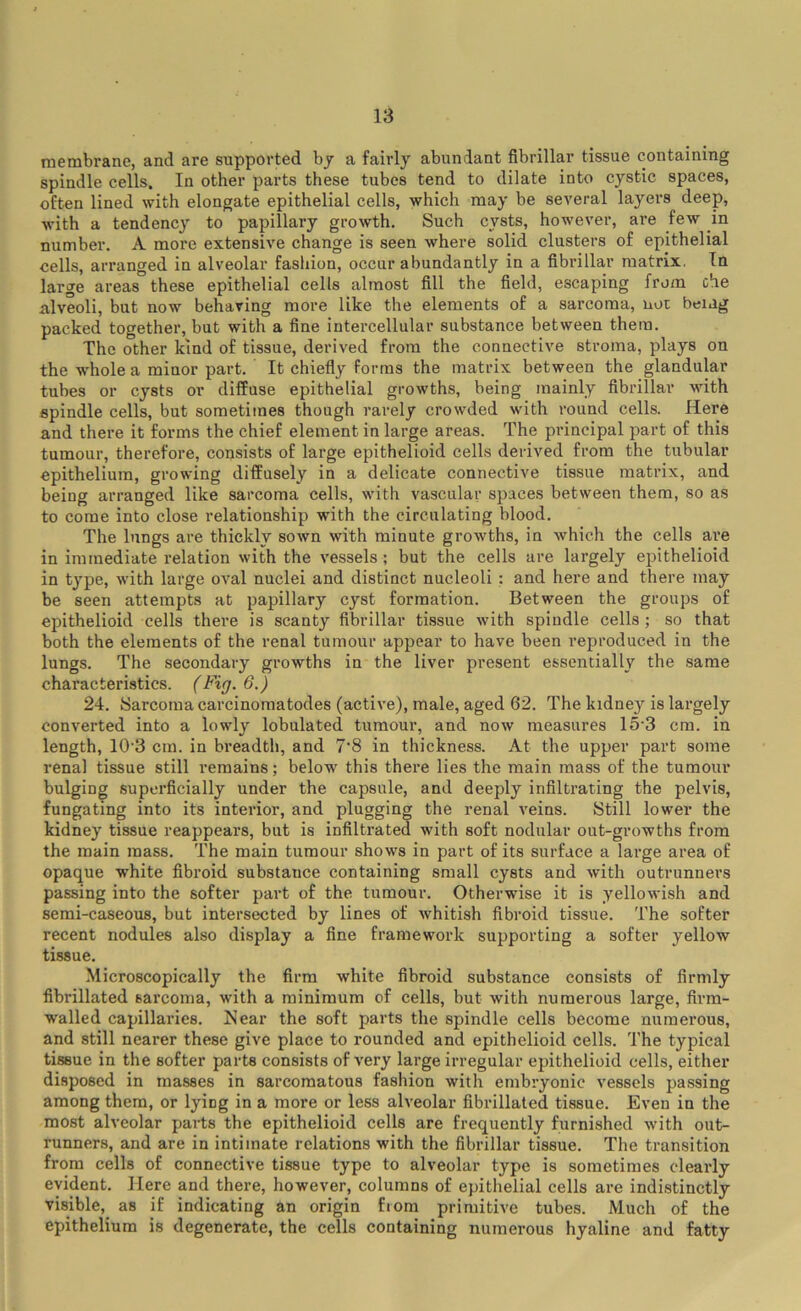 membrane, and are supported bj a fairly abundant fibrillar tissue containing spindle cells. In other parts these tubes tend to dilate into cystic spaces, often lined with elongate epithelial cells, which may be several layers deep, with a tendency to papillary growth. Such cysts, however, are few in number. A more extensive change is seen where solid clusters of epithelial cells, arranged in alveolar fashion, occur abundantly in a fibrillar matrix. In large areas these epithelial cells almost fill the field, escaping from the alveoli, but now behaving more like the elements of a sarcoma, not being packed together, but with a fine intercellular substance between them. The other kind of tissue, derived from the connective stroma, plays on the w'hole a minor part. It chiefiy forms the matrix between the glandular tubes or cysts or diffuse epithelial growths, being mainly fibrillar with spindle cells, but sometimes though rarely crowded with round cells. Here and there it forms the chief element in large areas. The principal part of this tumour, therefore, consists of large epithelioid cells derived from the tubular epithelium, growing diffusely in a delicate connective tissue matrix, and being arranged like sarcoma cells, with vascular spaces between them, so as to come into close relationship with the circulating blood. The lungs are thickly sown with minute growths, in which the cells are in immediate relation with the vessels ; but the cells are largely epithelioid in type, with large oval nuclei and distinct nucleoli ; and here and there may be seen attempts at papillary cyst formation. Between the groups of epithelioid cells there is scanty fibrillar tissue with spindle cells ; so that both the elements of the renal tumour appear to have been reproduced in the lungs. The secondary growths in the liver present essentially the same characteristics. (Fig. 6.) 24. Sarcoma carcinomatodes (active), male, aged 62. The kidney is largely converted into a lowly lobulated tumour, and now measures 15'3 cm. in length, 10‘3 cm. in breadth, and 7'8 in thickness. At the upper part some renal tissue still remains; below this thei-e lies the main mass of the tumour bulging superficially under the capsule, and deeply infiltrating the pelvis, fungating into its interior, and plugging the renal veins. Still lower the kidney tissue reappears, but is infiltrated with soft nodular out-growths from the main mass. The main tumour shows in part of its surface a large area of opaque white fibroid substance containing small cysts and with outrunners passing into the softer part of the tumour. Otherwise it is yellowish and serai-caseous, but intersected by lines of whitish fibroid tissue. The softer recent nodules also display a fine framework supporting a softer yellow tissue. Microscopically the firm white fibroid substance consists of firmly fibrillated sarcoma, with a minimum of cells, but with numerous large, firm- walled capillaries. Near the soft parts the spindle cells become numerous, and still nearer these give place to rounded and epithelioid cells. The typical tissue in the softer parts consists of very large irregular epithelioid cells, either disposed in masses in sarcomatous fashion with embryonic vessels passing among them, or lying in a more or less alveolar fibrillated tissue. Even in the most alveolar parts the epithelioid cells are frequently furnished with out- runners, and are in intimate relations with the fibrillar tissue. The transition from cells of connective tissue type to alveolar type is sometimes clearly evident. Here and there, however, columns of epithelial cells are indistinctly visible, as if indicating an origin fiom primitive tubes. Much of the epithelium is degenerate, the cells containing numerous hyaline and fatty