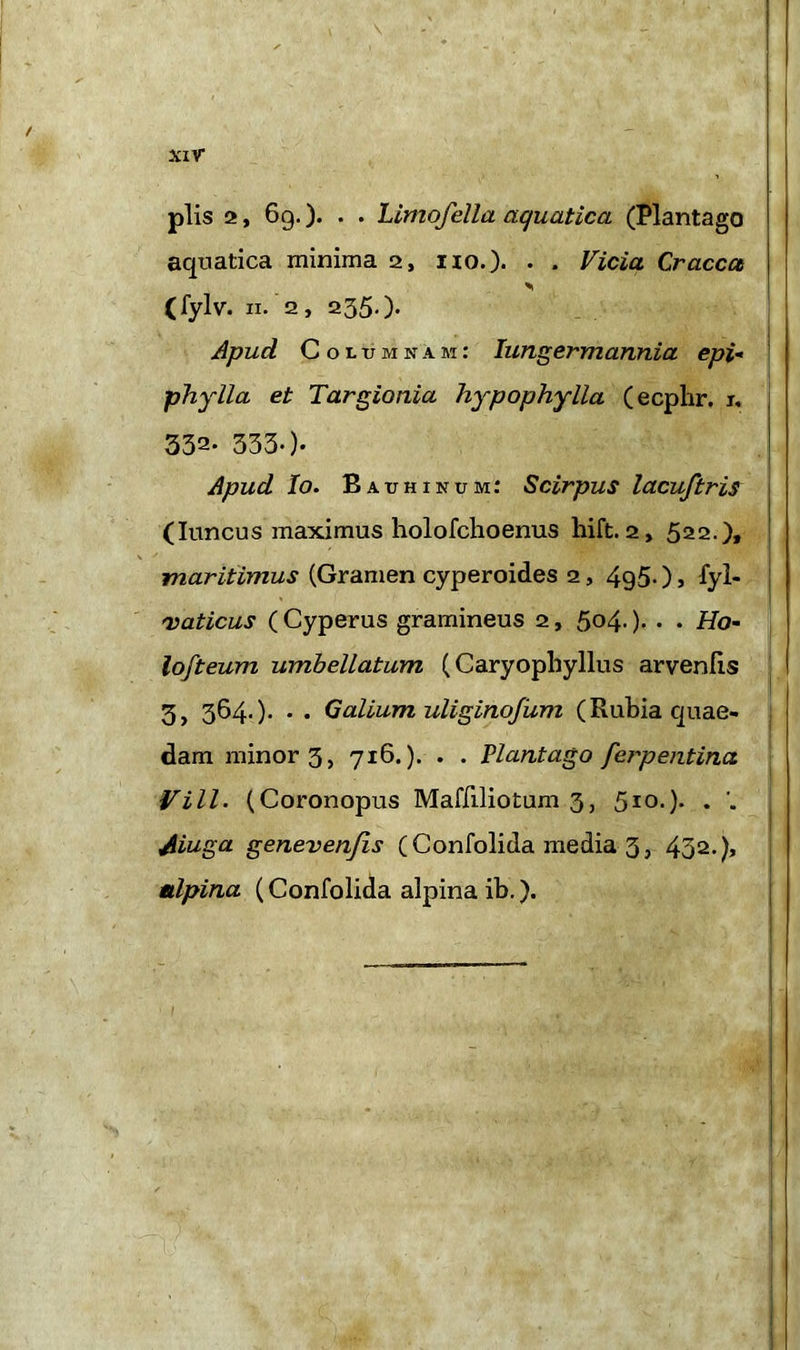 piis 2, 69.). . . Limofella aquatica (Plantago aquatica minima 2, no.)- • * Vicia Cracca (fylv. 11. 2, 235.)* Apud Columnam: Iungermannia epi- phylla et Targionia hypophylla (ecphr. 1, 332* 3330- Apud Io. Bauhinum: Scirpus lacuftris (Iuncus maximus holofchoenus hift. 2, 522.)» maritimus (Gramen cyperoides 2, 495-) > fyl- 'vaticus ( Cyperus gramineus 2, 504.). . . Ho- lofteum umbellatum (Caryophyllus arveniis 3, 364.)* • • Galium uliginofum (Rubia quae- dam minor 3, 716.). . . Plantago jerpentina Vili• (Coronopus Mafliliotum 3, 510.). . Aiuga genevenjis (Confolida media 3, 432.)* alpina (Confolida alpina ib.). f