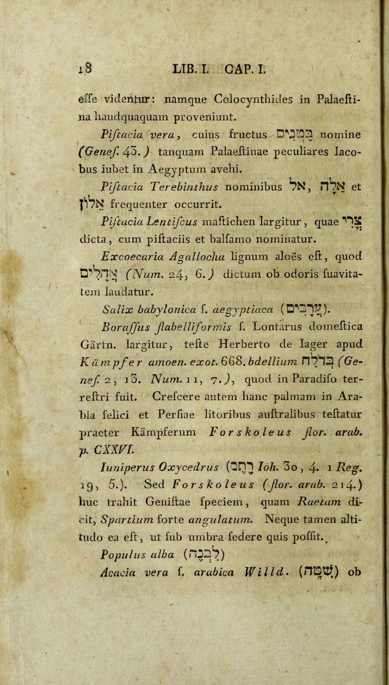 effe videntur: namque Colocynthides in Palaefti- na haudquaquam proveniunt. Piftacia 'vera, cuius fructus nomine (Genef. /5.) tanquam Palaeftinae peculiares Iaco- bus iubet in Aegyptum avehi. Piftacia Terebinthus nominibus et J17N frequenter occurrit. Piftacia Lentifcus maftichen largitur , quae HSj dicta, cum piftaciis et balfamo nominatur. Excoecaria Agallodia lignum aloes eft, quod (Num. 24 j 6.) dictum ob odoris fuavita- tem laudatur. Salix babylonica f. aegyptiaca (□'7.77). Boraffus Jlabelliformis f. Lontarus domeftica Gartn. largitur, tefte Herberto de lager apud K ii m pfe r amoen. exot. 668. bdellium 17773 (Ge- ne/. 2, i3. Num. 11, 7.J, quod in Paradifo ter- reftri fuit. Grefcere autem hanc palmam in Ara- bia felici et Perfiae litoribus auftralibus teftatur praeter Kampferum Forskoleus for. arab. p. CXXVL Iuniperus Oxycedrus (-H7 Idh. 5o, 4* 1 Feg. 19, 5.). Sed Forskoleus (for. arab. 214.) huc trahit Geniftae fpeciem, quam Raetam di- cit, Spartium forte angulatum. Neque tamen alti- tudo ea eft, ut fub umbra federe quis poffit,_ Populus alba (Hjllb) Acacia vera f, arabica Willd. (i7DU7) ob