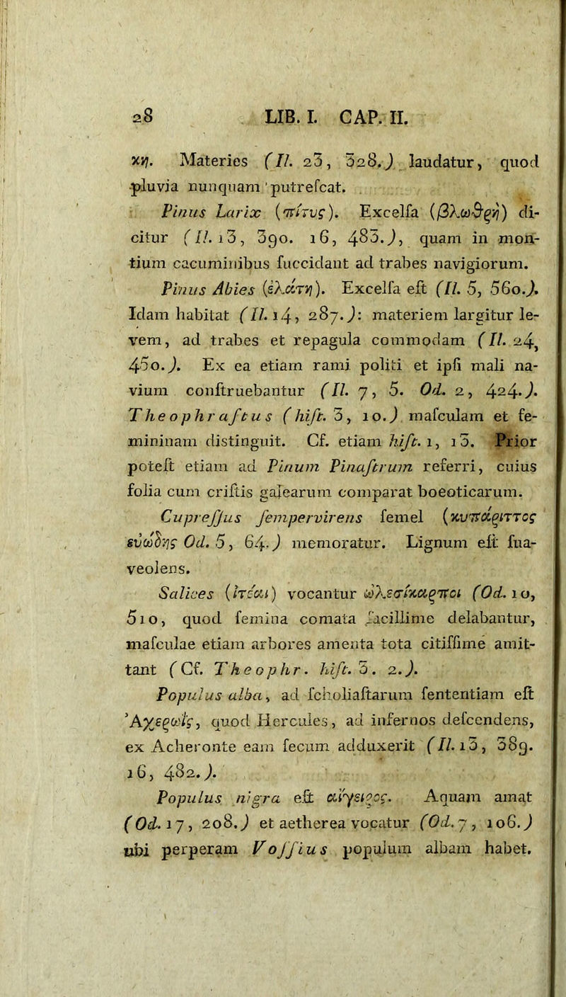V.V}. Materies (II. 25, 528.) laudatur, quod •pluvia nunquam'putrefcat. Pinus Lar ix (rn'irvg). Excelfa (/3X«-9^) di- citur ( II. 15 , Sgo. i 6, 485J, quam in mon- tium cacuminibus fuccidant ad trabes navigiorum. Pinus Abies (sXaTy). Excelfa eft (II. 5, 5Go.). Idam habitat (II. i4> 287.): materiem largitur le- vem, ad trabes et repagula commodam (II. 24, 45oj. Ex ea etiam rami politi et ipli mali na- vium conftruebantur (II. 7, 5. Od. 2, 424*7- Theophraftus (hift. 5, 10.) mafculam et fe- mininam distinguit. Cf. etiam hift. 1, 3 5. Prior poteft etiam ad Pinum Pinaftrum referri, cuius folia cum criftis galearum comparat boeoticarum. Cuprefjus fempervirens femel {’x.wTtc/.Qmog svtoOyjg Od. 5, 64-) memoratur. Lignum eit fua- veolens. Salices (treat) vocantur iaXsalaapTfot (Od. 10, 5io, quod femina comata facillime delabantur, xnafculae etiam arbores amenta tota citiffime amit- tant (Cf. Theophr. hift.5. 2.). Populus alba, ad fcholiaftarum fententiam eft 5AyjQtoig, quod Hercules, ad infernos defccndens, ex Acheronte eam fecum adduxerit (Il.i5, 58q. iG, 482.^. Populus nigra eft aiysto.oc. Aquam amat ( Od. 17, 208.) et aether ea vocatur (Od. 7, 10 6.) ubi perperam VoJjius populum albam habet. \ \