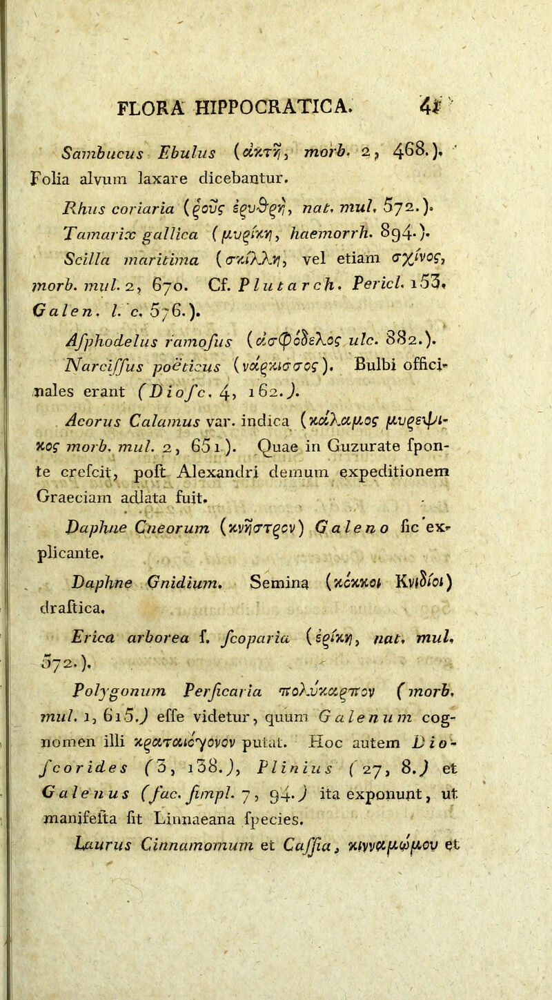 Sambucus Ebulus ( dxTYj , moHn 2, 468.), Folia alvum laxare dicebantur. Rhus coriaria (govg iqv&gfj, nat. mul, 672.). Tamarix gallica (juvgixtj, haemorrli. 894.)* Scilla maritima (<tyJXXy], vel etiam <T%<v0f, morb. mul. 2, 670. Cf. Plutarch, Pericl. i53* Galen, l. c, 5J6.). Afphodelus ramofus (clcCpc^sXog ulc. 882.). Narcijfus poeticus {vd^xiacrog). Bulbi offici- nales erant (D iofc. 4> 162. J. Acorus Calamus var. indica (xciXctp,og p.v(?e\pi- nog morb. mul. 2, 651). Quae in Guzurate fpon- te crefcit, poll Alexandri demum expeditionem Graeciam adjata fuit. Raphae Cneorum (xvJjct^cv) Galeno Gc exr plicante. Daphne Gnidium. Semina (xcxxoi KvjSibi) draftica. Erica arborea f. fcoparia (sgfcjj, nat, mul, 072.), Polygonum Perjicaria noXvxctgTrov (morb, mul, a3 Gi5.) effe videtur, quum Galenum cog- nomen illi xgaTXtcyovov putat. Hoc autem Dio- fcorides (3, i58.J, Plinius ( 27, 8.^ et Galenus (fac, Junpl. 7, 94* 7 ita exponunt, ut. manifeita fit Linnaeana fpecies. Laurus Cinnamomum et CaJJla, xtyy&jA(p[Aoy et