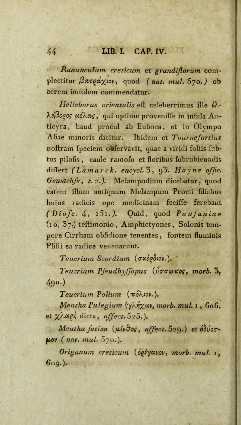 Ranunculum creticum et grandijlorum com> plectitur /3&t£C4%iov, quod (nat. mul. 5jo.) ob acrem indolem commendatur. Helleborus orientalis eft celeberrimus ille eh- hsfioqcs fish&s, qui optime proveniffe in infula An- ticyra, haud procul ab Euboea, et in Olympo Afiae minoris dicitur. Ibidem et Tournefortius noftram fpeciem obfervavit, quae a viridi foliis fub- tus pilofis , caule ramofo et floribus fubrubicundis differt (Lainarck. encycl.3, g3. Hayne offic. Gewdchfe, t. 2.J. Melampodium dicebatur, quod vatem illum antiquum Melampum Proeti filiabus huius radicis ope medicinam feciffe ferebant ( Diofc. 4 > 151.), Quid, quod Paufaniae (io, 07,) teftimonio, Amphictyones, Solonis tem- pore Cirrham obfidione tenentes, fontem fluminis Plifti ea radice venenarunt, Teucrium Scordium (cxegfiiov.). Teucrium Pfeudhyffopus (verauTtoc;, morb. S, 49 °0 Teucrium Polium ('Kohlov.). Mentha Pulegium (yhrixuh morb. mul, 1,606, et xho&qvj dicta, affect. SuS.). Mentha fativa (flly&og, affect, 529.) efff)VQ<7- fiov ( nat. mul. 670.). Origanum creticum (cfyctvoVy morb. mul. 609.).