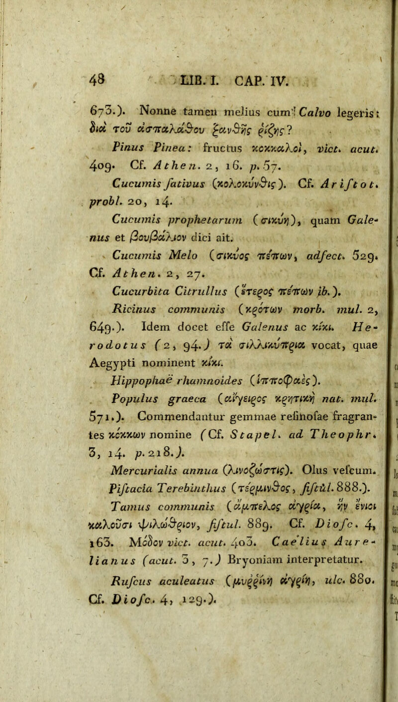 675.). Nonne tamen melius cum'; Calvo legeris: hoi tov oLwotkd&ov 'ictvQyjg ffr,g ? Pinus Pinea: fructus xoxxakol, -viet, acut. 409. Cf. A then. 2, 16. /n 57. Cucumisfativus (xokoxuv&ig). Cf. Ari/tot. probi. 20, 14- Cucumis prophetarum ( ) > quam Gale- nus et (2ov(3ctkiov dici ait. Cucumis Melo (irixvog 7rsVwv, adfect. 529» Cf. A then. 2, 27. Cucurbita Citrullus (sTE^og 'jtetftiv ib.f Ricinus communis (xqoruv morb. mul. 2, 649-)- Idem docet effe Galenus ac x/ja. He- rodo tus f 2j 94. J T«' atkkuvitput vocat, quae Aegypti nominent fciW. Hippophad rhamnoides (I'Tt'TtoCpct.eg'). Populus graeca (uifeigcg nat. mul. 571.)* Commendantur gemmae reiihofae fragran- tes xcxxm nomine f Cf. Stapel. ad Theophr* 3, 14. p.2.18.). Mercurialis annua (kivo^oocTig). Olus vefcum. Piftacia Terebinthus (rsftfJUV&og, ffthl.888.f Tamus communis (up.Ttekog cty^ict, mot •xctkcvtri ipikd&giov, fiftul. 889. Cf. Diofc. 4, l63. Mo$ov ricr. acut./yOO. Caelius Aure- lianus (acut. 3, 7. J Bryoniam interpretatur. Rufcus aculeatus Uyglvi, ulc. 800. Cf. Diofc. 4, 129.).