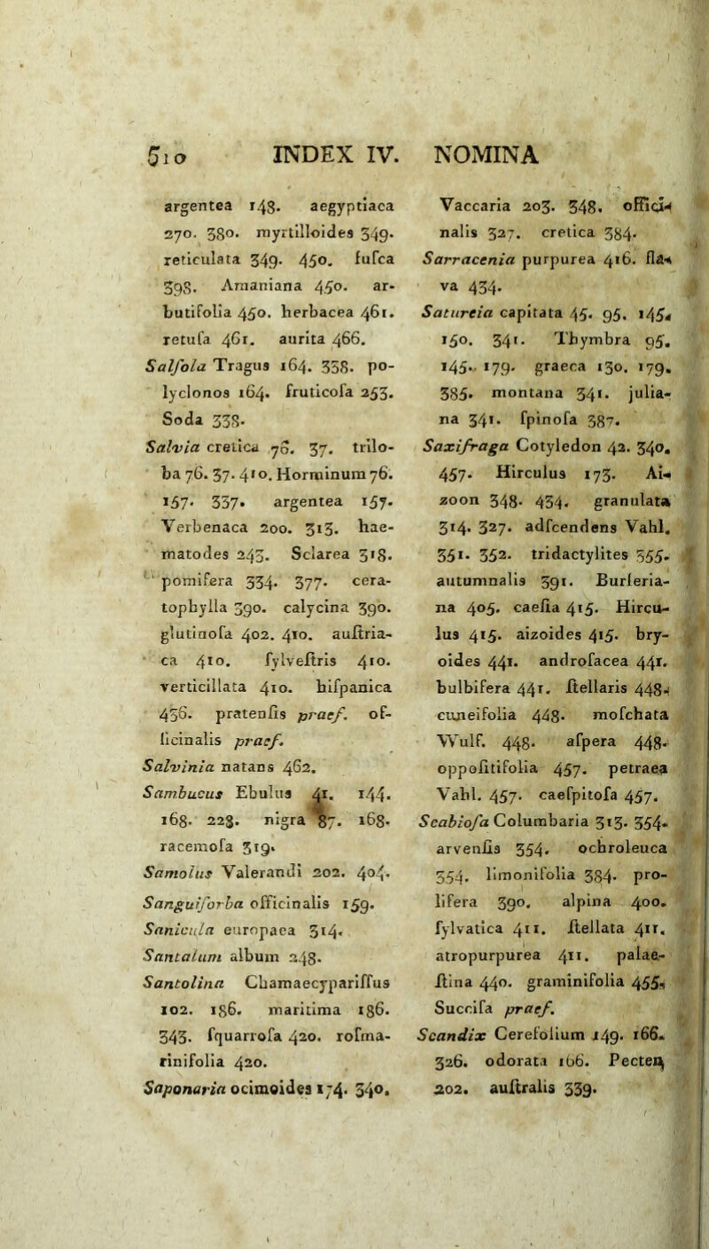 argentea 148- aegyptiaca 270. 5go. rnyrtilloides 349* reticulata 349. 45°. fufca 398. Amaniana 45®- ar- butifolia 450. herbacea 461. retufa 46r. aurita 466. Salfola Tragus 164. 358. po- lyclonos 164. fruticoia 253. Soda 33S- Salvia cretica 70. 37. trilo- ba 76. 37. 4' °. Horminum76. 157* 357* argentea 157. Verbenaca 200. 313. hae- matodes 243- Sclarea 313. pomifera 334. 377. cera- topbylla 390. calycina 390. glutinofa 402. 410. aultria- ca 410. fylveftris 4IO> verticillata 410. hifpanica 45’S. pratenfis prae/, of- licinalis prae/. Salvinia natans 4S2. Sambucus Ebulus 41. 144. 168. 223. nigra 87. 163. racemofa 319. Samoius Valerandi 202, 4°4* Sanguifarba officinalis 159. Sanie/a europaca 3l4* Santalum album 348* Santolina Chamaecypariffus 102. 1,36. maritima 186. 343. fquarrofa 420. rofma- rinifolia 420. Saponaria ocimeides i;4> 34°• Vaccaria 203. 348. officia nalis 327. cretica 334. Sarracenia purpurea 416. fla* va 434. Satureia capitata 45« 95. »45« »5°. 34l- Thymbra 95. 145.. 179. graeca 130. 179. 385. montana 341. julia- na 341. fpinofa 387. Saxifraga Cotyledon 42. 340. 457- Hirculus 173. Ai- zoon 348- 434. granulat» 314. 327. adfcendens Vahl. 351. 352. tridactylites 555. autumnalis 391. Burleria- na 405. caeila 415. Hircu- lus 415. aizoides 4>5* bry- oides 441. androfacea 44r. bulbifera 441. ffellaris 448^ cuneifolia 448* mofchata WulF. 448- afpera 443. oppolltifolia 457- petraea Vahl. 457. caefpitofa 457. Scabiofa Columbaria 313. 354. arvenlis 354. ocbroleuca 554. limonifolia 384- Pro_ lifera 3go, alpina 400. fylvatica 411. itellata 4ir. atropurpurea 4Il« palae- ilina 440. graminifolia 455, Succifa prae/. Scandix Cerefolium i49‘ *66« 326. odorata ib6. Pectet^ 4202. aultralis 339.