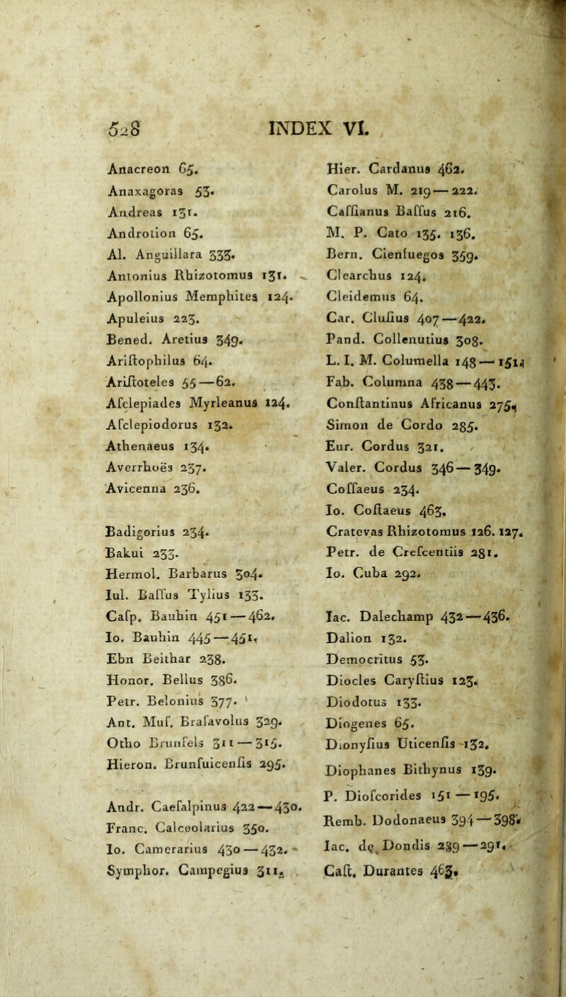 Anacreon 65. Anaxagoras 53« Andreas ijr. Androlion 65. AI. Anguillara 333. Antonius Rbizotomus 131. Apollonius Mempliitea 124. Apuleius 223. Bened. Aretiu9 349. Ariltophilus 64. Ariltoteles 55 — 62. Afclepiade3 Myrleanus 124. Afclepiodorus 132. Athenaeus 134. Averrhoes 237• Avicenna 236. Badigorius 234. Bakui 253. Hermol. Barbarus 304. Iui. Baffus Tyliu9 133. Cafp. Bauhin 451 — 4^2, Io. Bauhin 445 — 451, Ebn Beithar 238. Honor. Bellus 386. Petr. Belonius 577- ’ Ant. Muf. Brafavolus 329. Otho Brunfels 311 — 3l3* Hieron. Brunfuicenfis 295. Andr. Caefalpinus 422 —450< Franc. Calceolarius 35°- Io. Camerarius 43° — 432- Symphor. Campegius 311. Hier. Cardanus 462. Carolus M. 219—222. Caffianus Baffus 216. M. P. Cato 135. 136. Bern. Cienfuegos 359. Clearchus 124. Cleidemus 64. Car. Clufius 4°7 — 422» Pand. Collenutius 308. L. I. M. Columella 148— 1514 Fab. Columna 438 — 443. Conltantinus Africanus 275^ Simon de Cordo 235. Eur. Cordus 321. Valer. Cordus 346 — 349. Coffaeus 234* Io. Coflaeus 463. Cratevas Rhizotomus 126.127. Petr. de Crefcentiis 231. Io. Cuba 292. Iac. Dalechamp 432 — 43^- Dalion 132. Democritus 53. Diodes Caryftius 123. Diodotus 133. Diogenes 65. Dionyfius Uticeniis 132. Diophanes Bithynus 139. P. Diofcorides 151—I95* Remb. Dodonaeus 394—'398'» Iac. d^Dondis 239—291, Caft, Durantes 463»