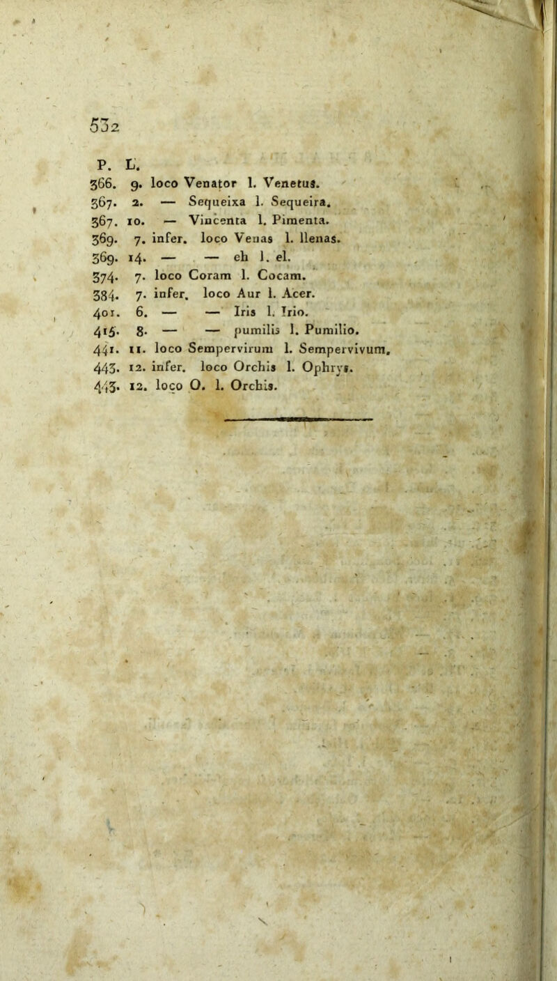 366. 9* l°co Venator 1. Venetus. 367. 2. — Sequeixa 1. Sequeira. 367. 10. — Vincenta 1. Piraenta. 369. 7. infer, loco Venas 1. llenas. 369. 14. — — eh 1. el. 374. 7. loco Coram 1. Cocam. 384. 7. infer, loco Aur 1. Acer. 401. 6. — — Iris 1. Irio. 4i5* 8- — — pumilis 1. Pumilio. 441. 11. loco Sempervirum 1. Sempervivum. 443- 12. infer, loco Orchis 1. Ophrv*. 443. 12. loco O. 1. Orchis. I . s