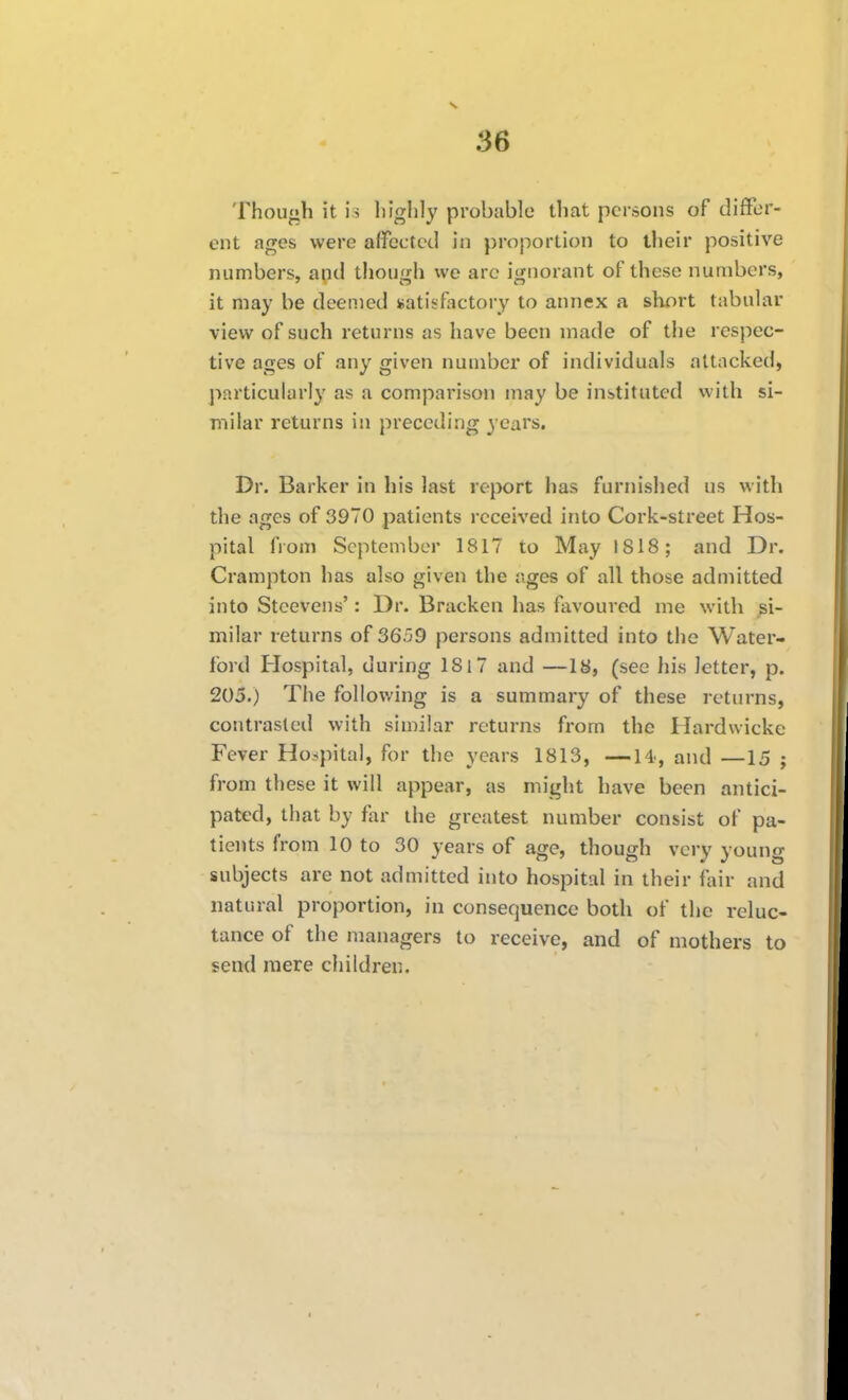 Though it is highly probable that persons of differ- ent ages were affected in proportion to their positive numbers, and though we arc ignorant of these numbers, it may be deemed satiiffactory to annex a short tabular view of such returns as have been made of the respec- tive ages of any given number of individuals attacked, particularly as a comparison may be instituted with si- milar returns in preceding years. Dr. Barker in his last report has furnished us with the ages of v3970 patients received into Cork-street Hos- pital from September 1817 to May 1818; and Dr. Crampton has also given the ages of all those admitted into Stcevens': Dr. Bracken has favoured me with si- milar returns of 3659 persons admitted into the Water- ford Hospital, during 1817 and —18, (see his letter, p. 205.) The follov/ing is a summary of these retm-ns, contrasted with similar returns from the Hardwicke Fever Ho-^pital, for the years 1813, —14, and —15 ; from these it will appear, as might have been antici- pated, that by far the greatest number consist of pa- tients from 10 to 30 years of age, though very young subjects are not admitted into hospital in their fair and natural proportion, in consequence both of the reluc- tance of the managers to receive, and of mothers to send mere children.