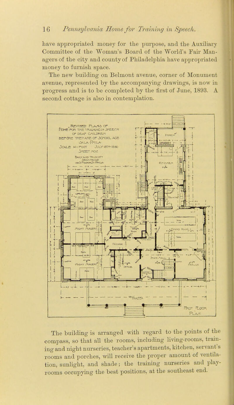 have appropriated money for the purpose, and the Auxiliary Committee of the Woman's Board of the World's Fair Man- agers of the city and county of Philadelphia have appropriated money to furnish space. The new building on Belmont avenue, corner of Monument avenue, represented by the accompanying drawings, is now in progress and is to be completed by the first of June, 1893. A second cottage is also in contemplation. The building is arrauged with regard to the points of the compass, so that all the rooms, including living-rooms, train- ing and night nurseries, teacher's apartments, kitchen, servant's rooms and porches, will receive the proper amount of ventila- tion, sunlight, and shade; the training nurseries and play- rooms occupying the best positions, at the southeast end.