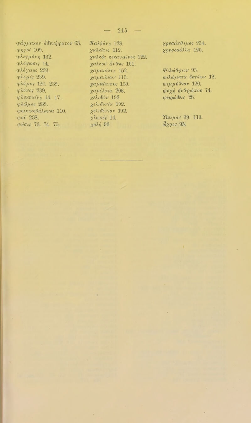 ipctQiutxop ddvprjipcaop 63. <prtyoi 100. tpkfyudvtj 132. tpXoycoaig 14. (pXoyuog 230. (pXoutg 230. (pXouoq 120. 239. (pXovog 230. ipXvxTaCvr) 14. 17. ipXcotiog 230. (poiVtxoßiiXavoi 110. (poi 238. <pv<rtg 73. 74. 75. — 245 X(cXßc'(v>] 128. yaXxirig 112. yaXxog xtxavuiuog 122. yctXxov ca’O-oq 101. yauctulxrt] 152. yatucuXt(op 115. yauaiTtnvg 159. yuutXttia 206. ytXidiov 102. ytXtdoviu 192. ytXitiöviop 192. yXconog 14. yoXi] 93. yov<7((Vt)fuog 234. XQtktoxöXXcc 120. WiXob&Qtop 93. IptXcöllUTK OCX HOP 12. Xpipif-tvd-lOP 120. ipvyrj ctpO-Qwnov 74. ipcoQufetg 28. Slxi/uop 99. 110. wynog 95.