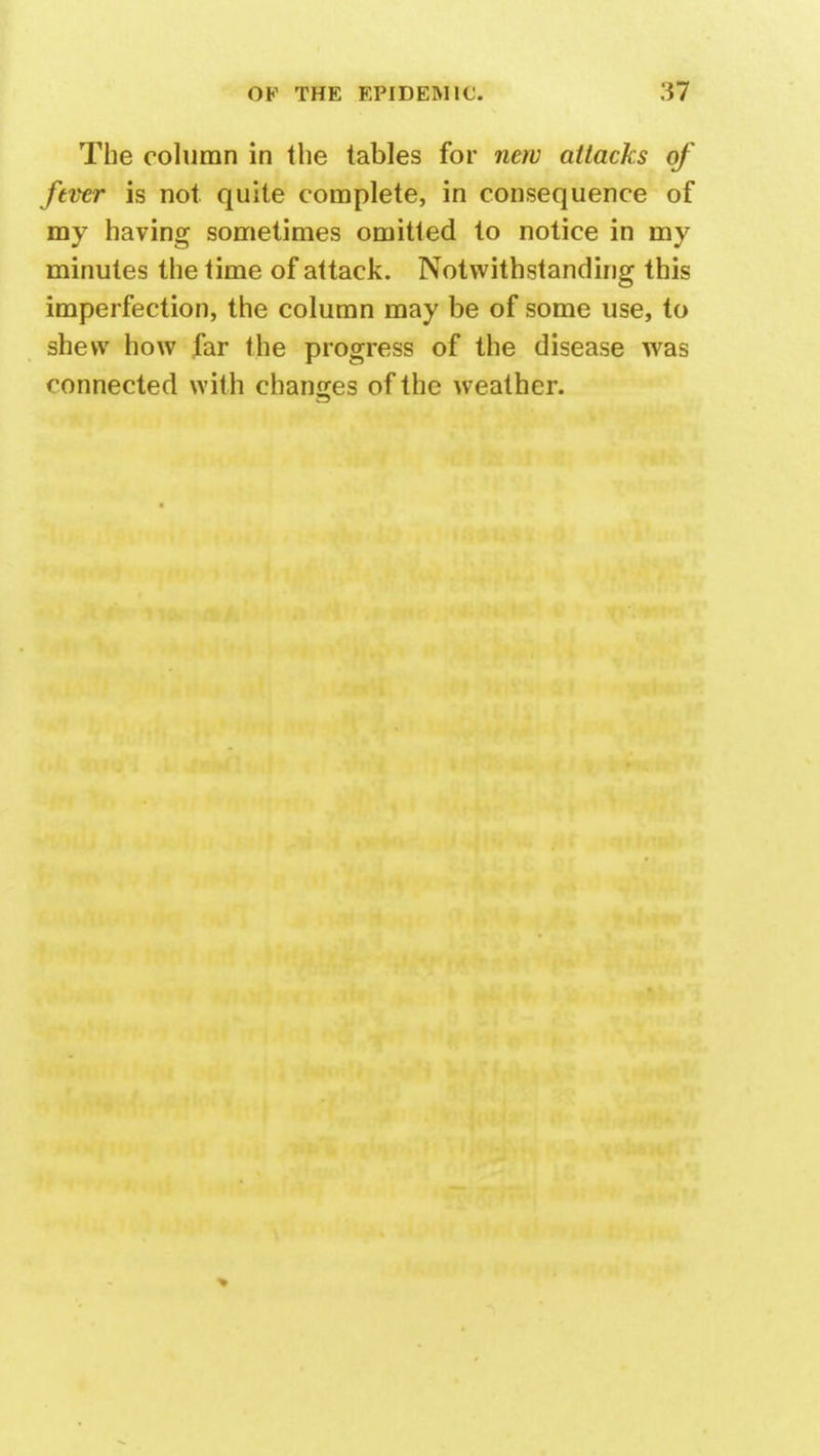 The column in the tables for new attacks of fever is not quite complete, in consequence of my having sometimes omitted to notice in my minutes the time of attack. Notwithstanding this imperfection, the column may be of some use, to shew how far the progress of the disease was connected with changes of the weather.