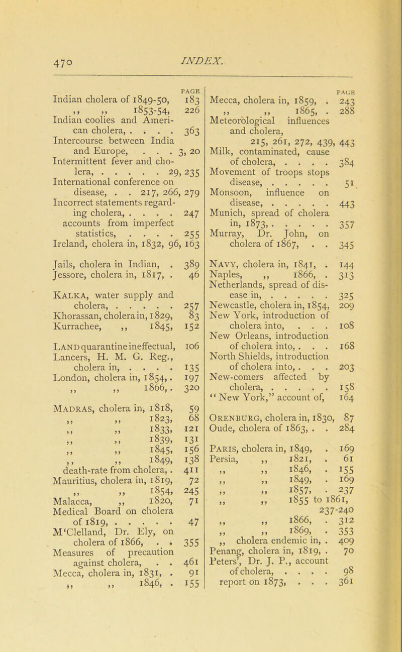 PAGE Indian cholera of 1849-50, 183 ,, „ 1853-54, 226 Indian coolies and Ameri- can cholera, .... 363 Intercourse between India and Europe, . . . 3, 20 Intermittent fever and cho- lera, 29,235 International conference on disease, . . 217, 266, 279 Incorrect statements regard- ing cholera, .... 247 accounts from imperfect statistics, . ... 255 Ireland, cholera in, 1832, 96, 163 Jails, cholera in Indian, . 389 Jessore, cholera in, 1817, . 46 Kalka, water supply and cholera, 257 Khorassan, cholera in, 1829, 83 Kurrachee, ,, 1845, I52 Land quarantine ineffectual, 106 Lancers, H. M. G. Reg., cholera in, . . . . 135 London, cholera in, 1854,. 197 ,, ,, 1866,. 320 Madras, cholera in, 1818, 59 „ „ 1823, 68 ,, „ 1833, 121 ,, „ 1839, 131 „ „ 1845, 156 ,, „ 1849, 138 death-rate from cholera,. 411 Mauritius, cholera in, 1S19, 72 „ „ 1854, 245 Malacca, „ 1820, 71 Medical Board on cholera of 1819, 47 M'Clelland, Dr. Ely, on cholera of 1866, . . 355 Measures of precaution against cholera, . . 461 Mecca, cholera in, 1831, . 91 „ ,, 1846, . 155 PA<;e Mecca, cholera in, 1859, . 243 „ „ 1865, . 288 Meteorological influences and cholera, 215, 261, 272, 439, 443 Milk, contaminated, cause of cholera, .... 384 Movement of troops stops disease, 51 Monsoon, influence on disease, 443 Munich, spread of cholera in, 1873, 357 Murray, Dr. John, on cholera of 1867, . . 345 Navy, cholera in, 1841, . 144 Naples, „ 1866, . 313 Netherlands, spread of dis- ease in, 325 Newcastle, cholera in, 1854, 209 New York, introduction of cholera into, . . . 108 New Orleans, introduction of cholera into,. . . 168 North Shields, introduction of cholera into, . . . 203 New-comers affected by cholera, 158 “ New York,” account of, 164 Orenburg, cholera in, 1S30, S7 Oude, cholera of 1863, . . 284 Paris, cholera in, 1849, . 169 Persia, ,, 1821, . 61 „ „ 1846, . 155 „ „ 1849, . 169 „ ,, 1857, • 237 ,, ,, 1855 to 1861, 237-240 „ „ 1866, . 312 „ „ 1869, . 353 ,, cholera endemic in, . 409 Penang, cholera in, 1819, . 70 Peters’, Dr. J. P., account of cholera, .... 98 report on 1873, . . . 361