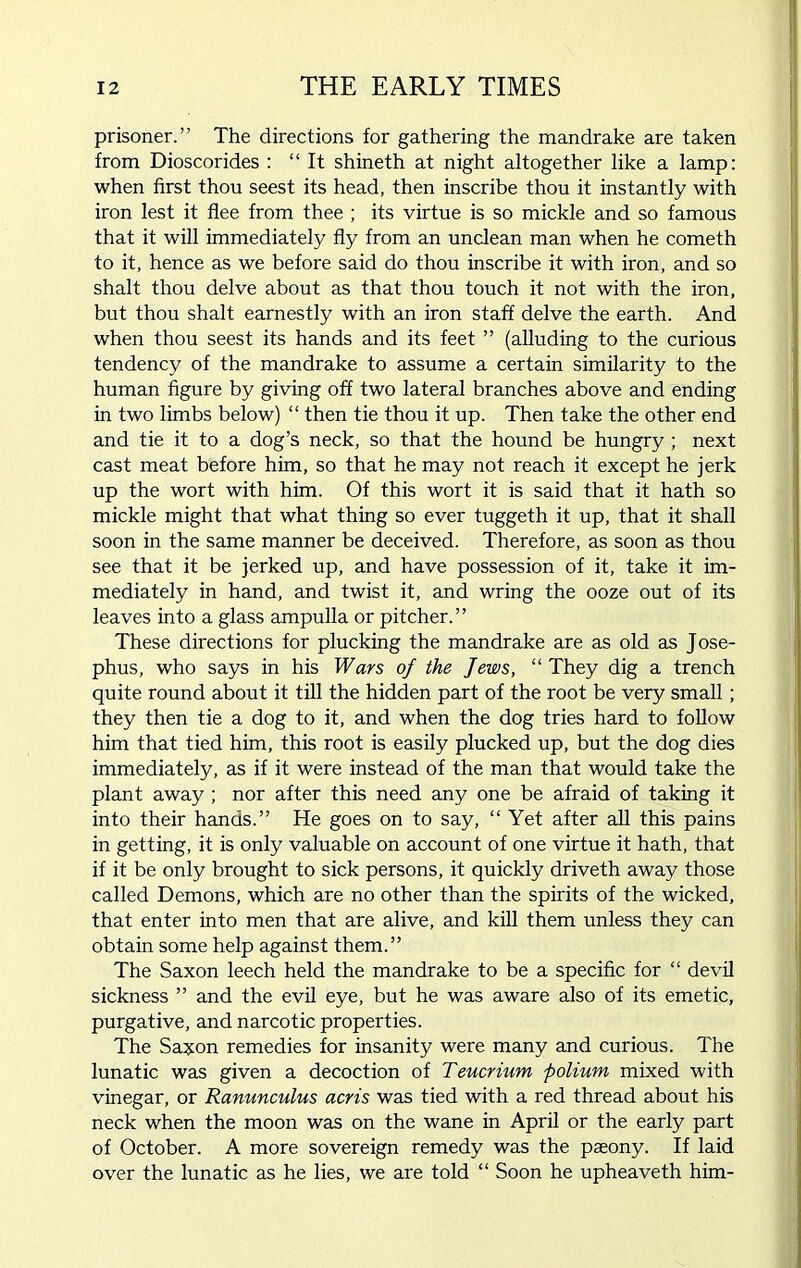 prisoner.” The directions for gathering the mandrake are taken from Dioscorides : “It shineth at night altogether like a lamp: when first thou seest its head, then inscribe thou it instantly with iron lest it flee from thee ; its virtue is so mickle and so famous that it will immediately fly from an unclean man when he cometh to it, hence as we before said do thou inscribe it with iron, and so shalt thou delve about as that thou touch it not with the iron, but thou shalt earnestly with an iron staff delve the earth. And when thou seest its hands and its feet ” (alluding to the curious tendency of the mandrake to assume a certain similarity to the human figure by giving off two lateral branches above and ending in two limbs below) “ then tie thou it up. Then take the other end and tie it to a dog’s neck, so that the hound be hungry ; next cast meat before him, so that he may not reach it except he jerk up the wort with him. Of this wort it is said that it hath so mickle might that what thing so ever tuggeth it up, that it shall soon in the same manner be deceived. Therefore, as soon as thou see that it be jerked up, and have possession of it, take it im- mediately in hand, and twist it, and wring the ooze out of its leaves into a glass ampulla or pitcher.” These directions for plucking the mandrake are as old as Jose- phus, who says in his Wars of the Jews, “ They dig a trench quite round about it till the hidden part of the root be very small; they then tie a dog to it, and when the dog tries hard to follow him that tied him, this root is easily plucked up, but the dog dies immediately, as if it were instead of the man that would take the plant away ; nor after this need any one be afraid of taking it into their hands.” He goes on to say, “ Yet after all this pains in getting, it is only valuable on account of one virtue it hath, that if it be only brought to sick persons, it quickly driveth away those called Demons, which are no other than the spirits of the wicked, that enter into men that are alive, and kill them unless they can obtain some help against them.” The Saxon leech held the mandrake to be a specific for “ devil sickness ” and the evil eye, but he was aware also of its emetic, purgative, and narcotic properties. The Saxon remedies for insanity were many and curious. The lunatic was given a decoction of Teucrium folium mixed with vinegar, or Ranunculus acris was tied with a red thread about his neck when the moon was on the wane in April or the early part of October. A more sovereign remedy was the paeony. If laid over the lunatic as he lies, we are told “ Soon he upheaveth him-